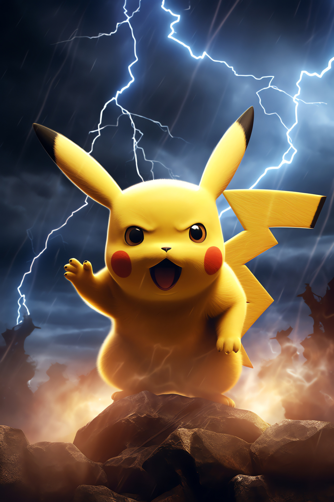 Pokmon Pikachu, Overcast atmosphere, Electric storm, Dark silhouettes, Edgy landscape, HD Phone Image