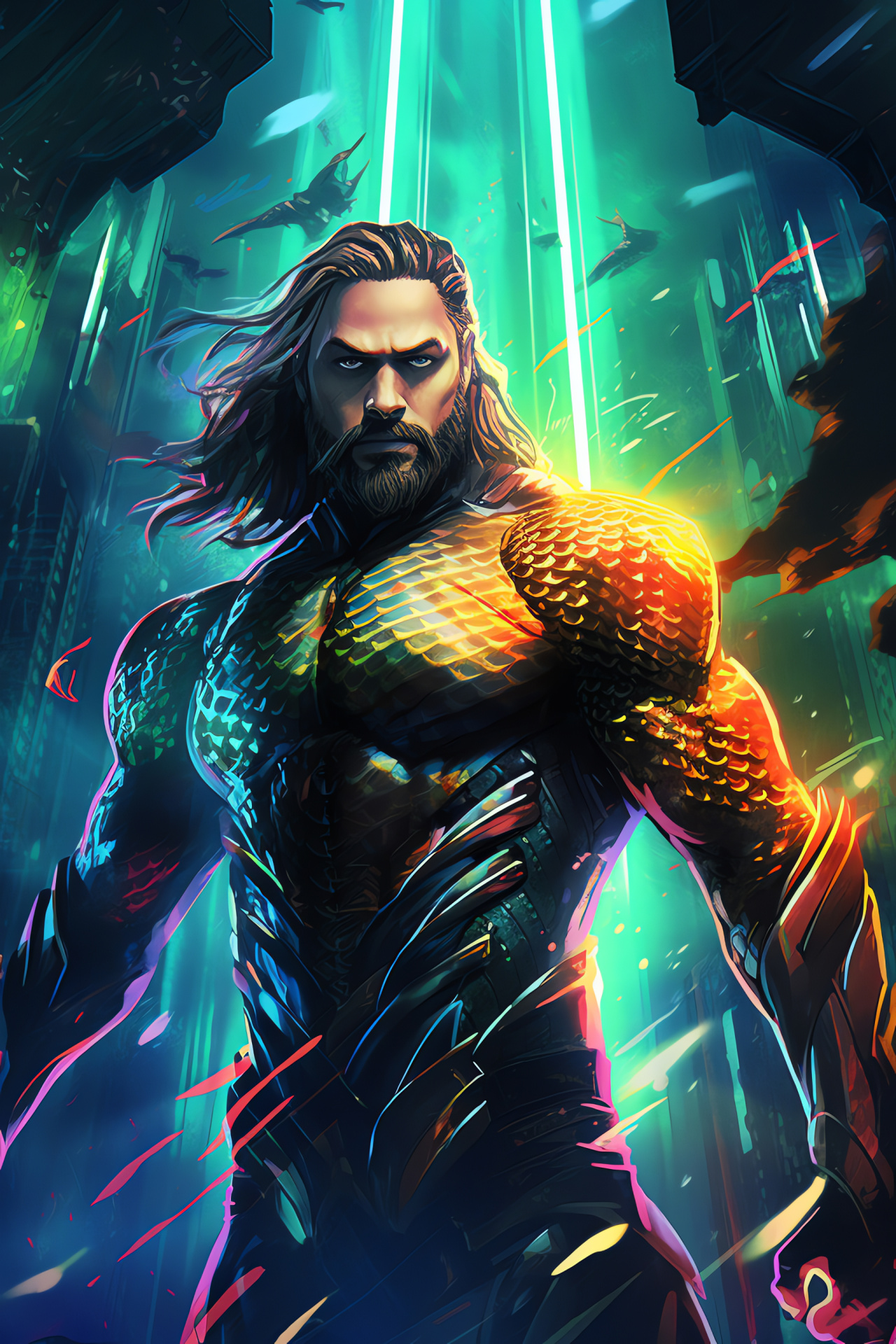 New 52 Aquaman, superhero comics, Justice League member, metropolitan skyline, illuminated buildings, HD Phone Image