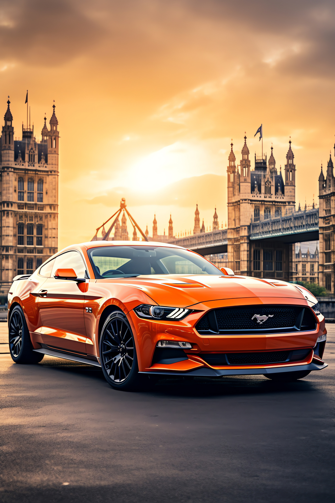 Ford Mustang in London, Iconic British clock tower, Famous bridge, Time-honored structures, Urban setting, HD Phone Image