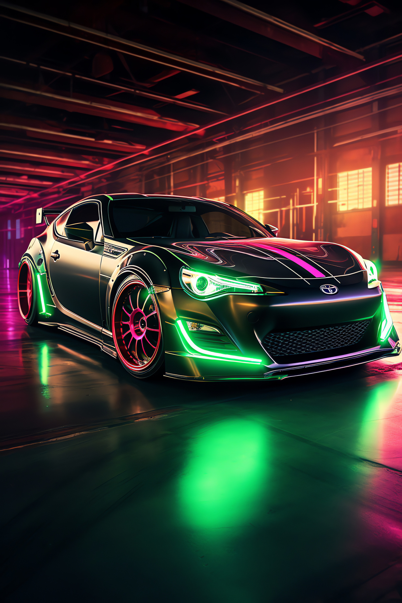 Modified Scion FR-S, Rocket Bunny aerodynamics, Elevated angle, Luminous accents, High-contrast presentation, HD Phone Wallpaper