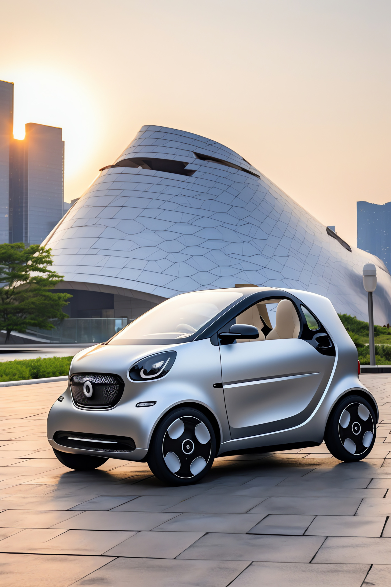 Smart Car Fortwo EQ Cabriolet in Seoul, Dongdaemun Design Plaza setting, city vehicle design, innovative electric car, HD Phone Image