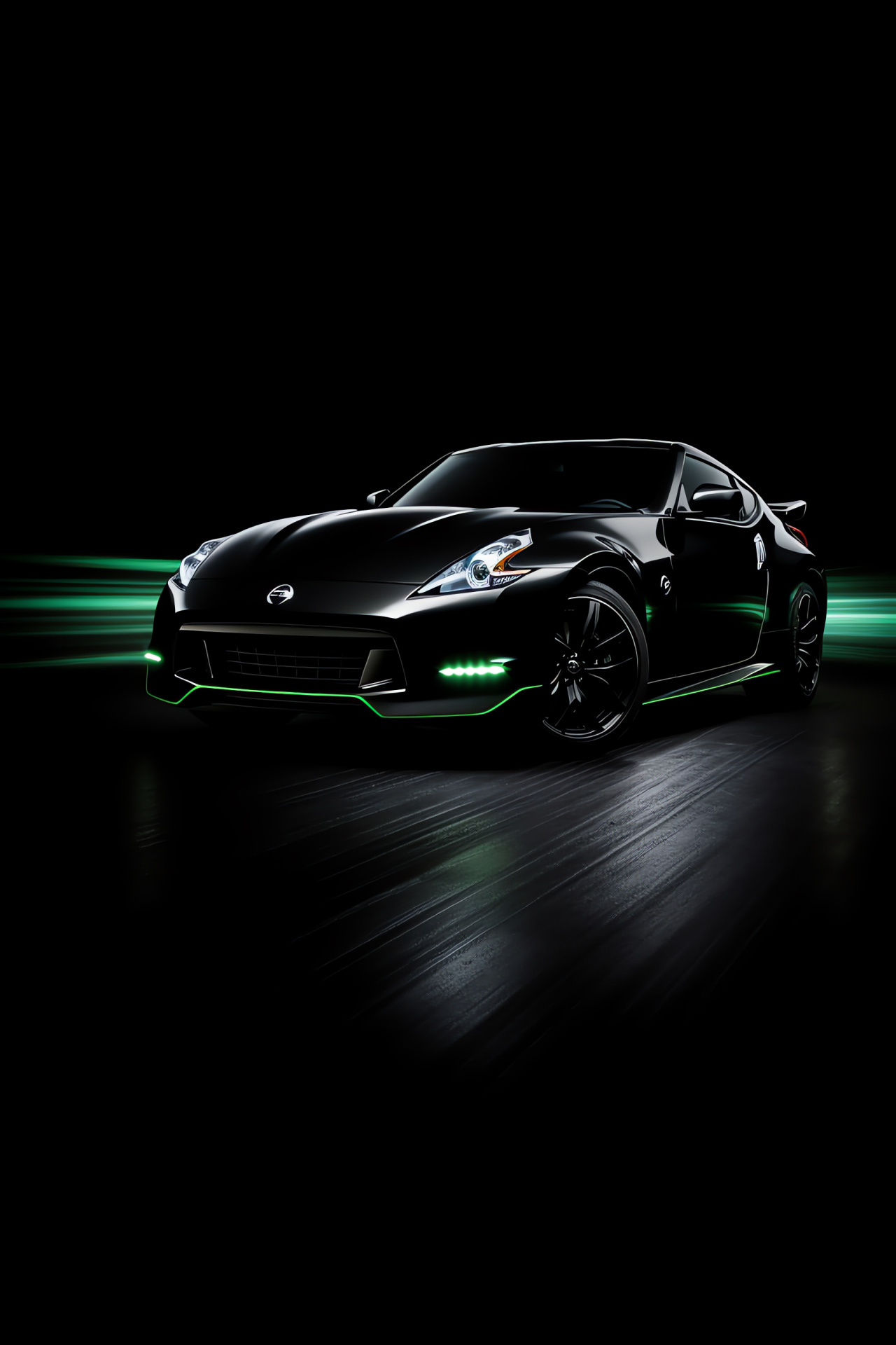 Nissan model 370Z, Broad vehicle shot, Dark environment, Green neon aesthetics, Automobile illumination, HD Phone Wallpaper