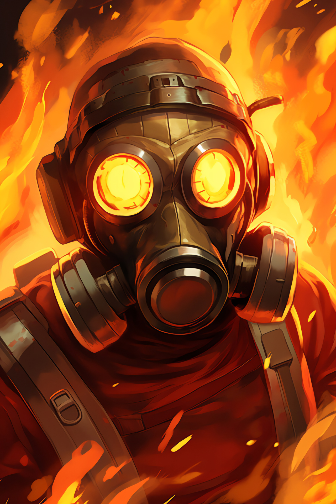 Pyro Team Fortress gameplay, Combative gaming avatar, Protective flamethrower gear, Firefight depiction, Online player, HD Phone Image