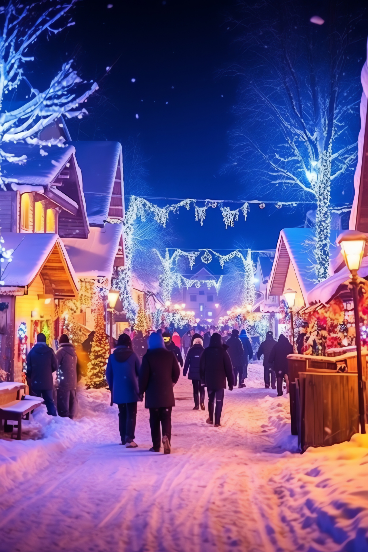 Idyllic winter hamlet, Yuletide adornments, Luminous festive bulbs, Blanketed white village, Seasonal cold fashion, HD Phone Image