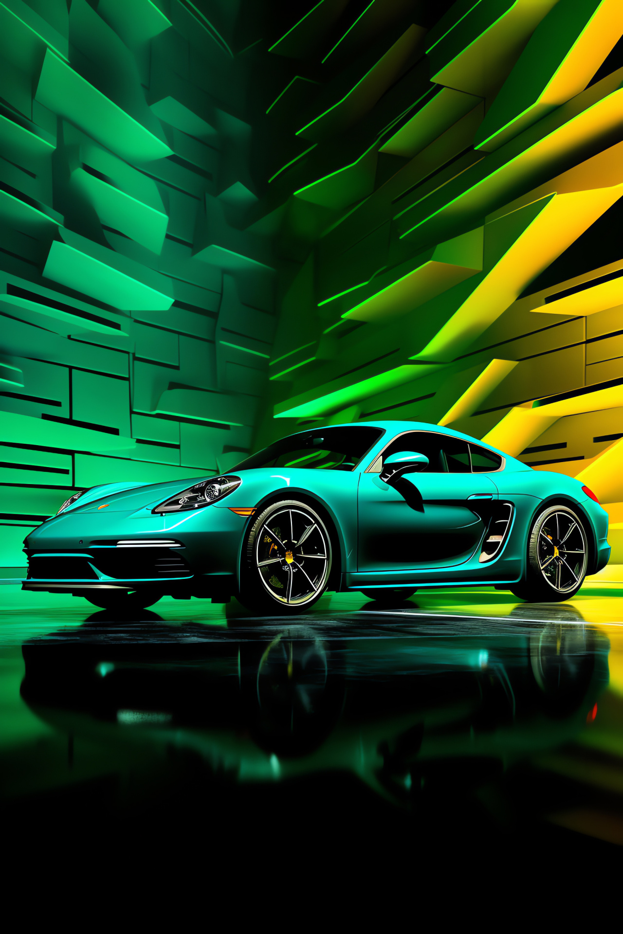 Striking Porsche Cayman 718, Lively green tint, Triple-color backdrop, Neon illumination, Swirling patterns, HD Phone Wallpaper