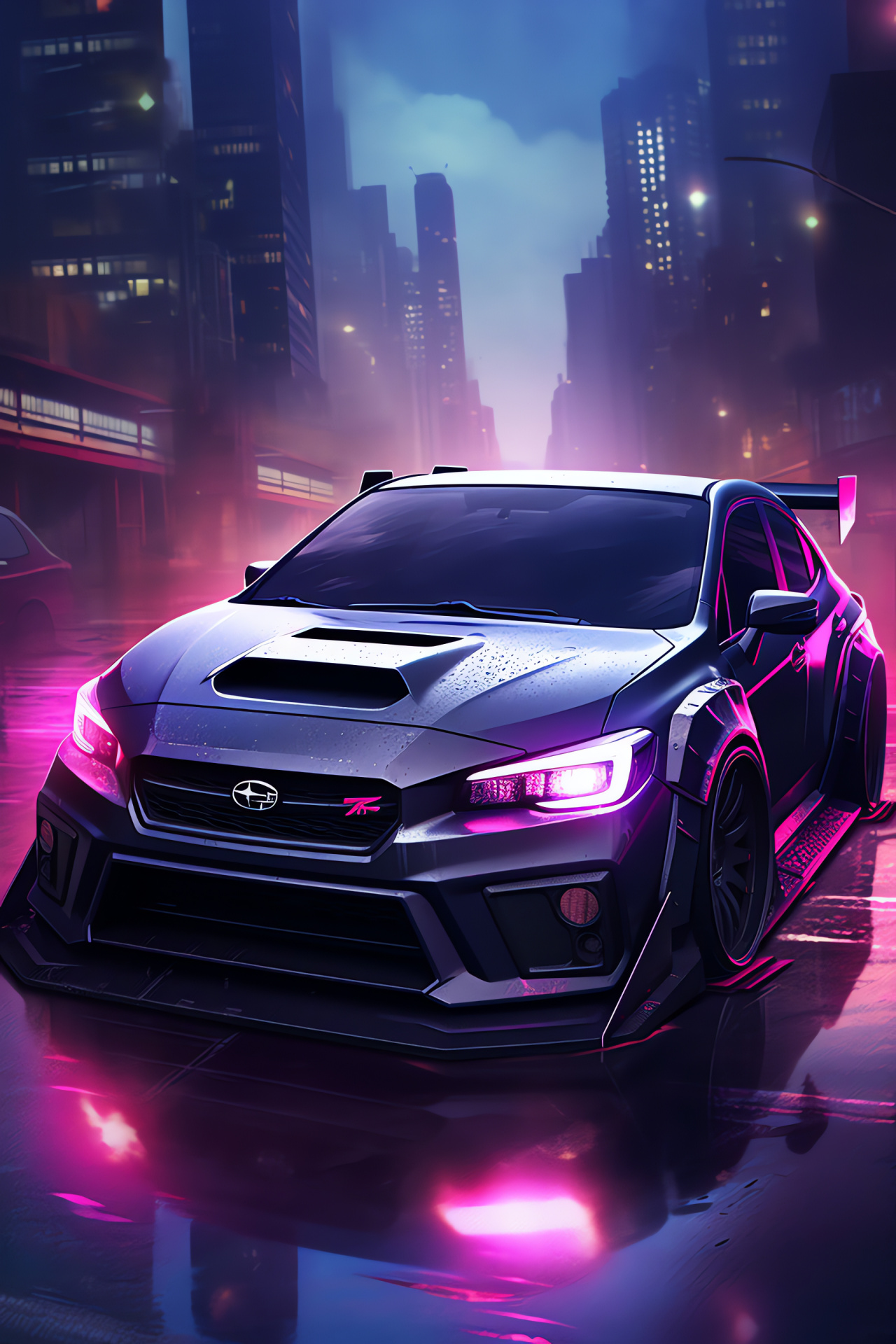 WRX Limited edition, Futuristic city views, Sky-high urban landscapes, LED urban glow, Styled car silhouette, HD Phone Image