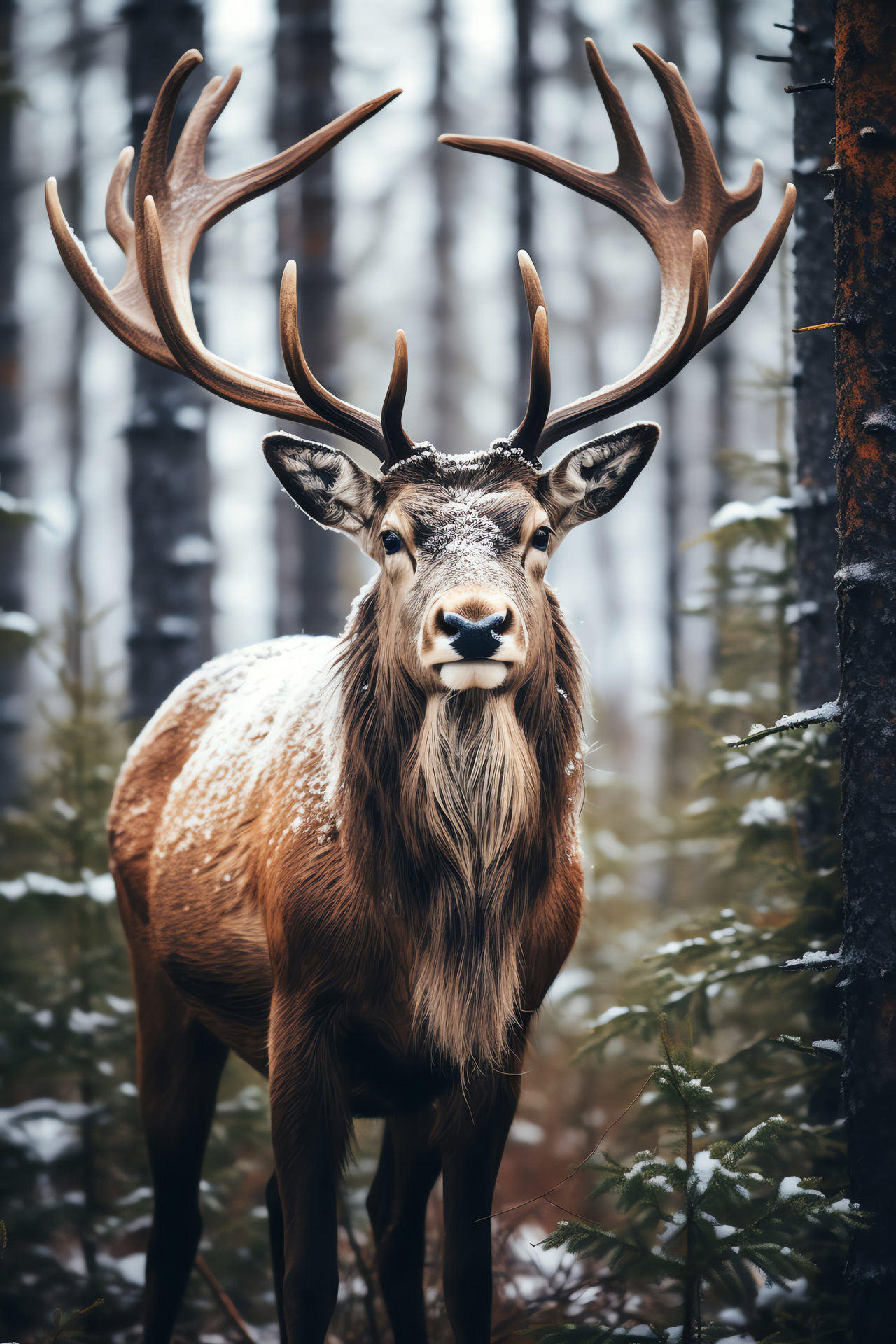 Reindeer, ornate antler display, deep brown fur, Russian forest resident, medium fur texture, HD Phone Image