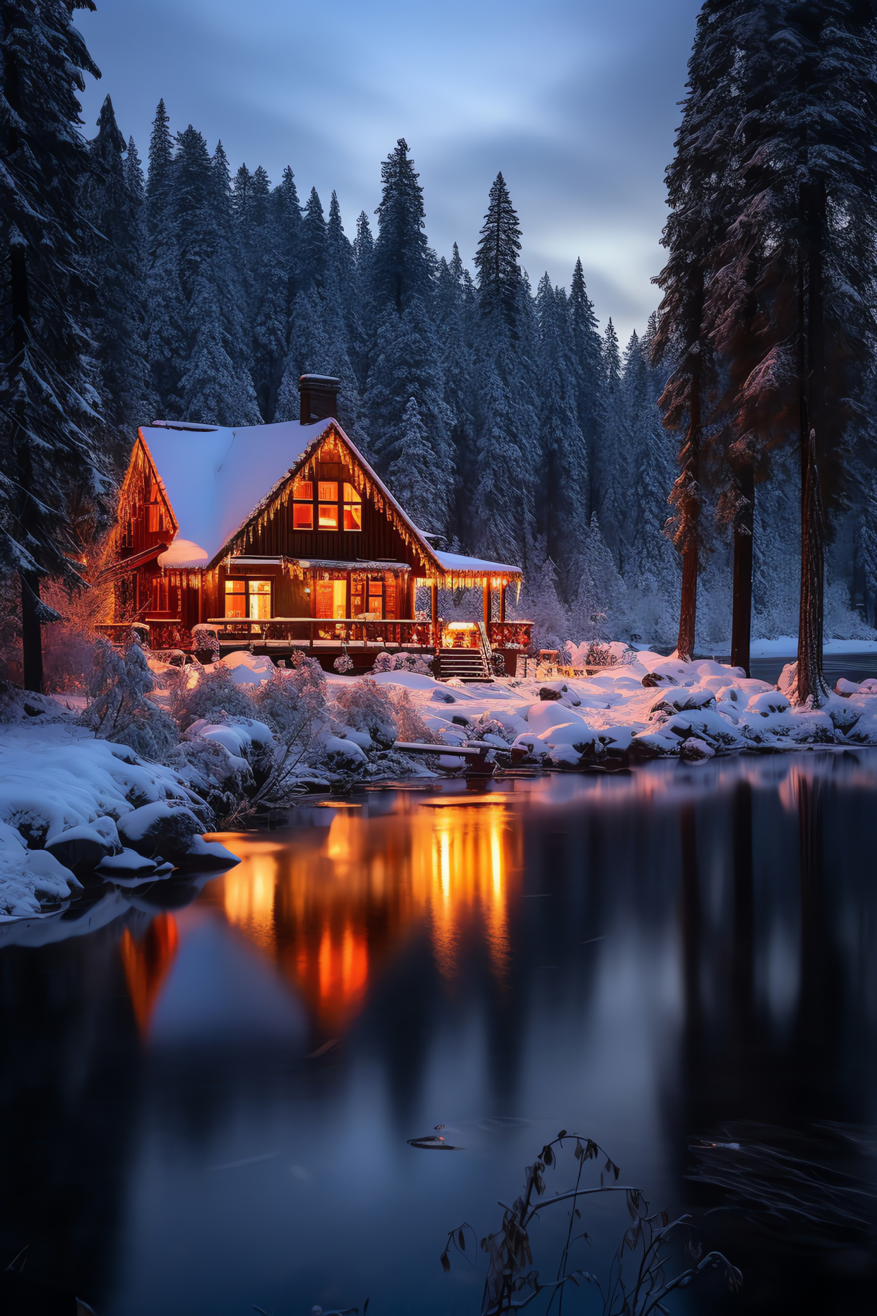 Christmas cabin retreat, Pine forest, Seasonal atmosphere, Alpine scenery, Winter landscape, HD Phone Image