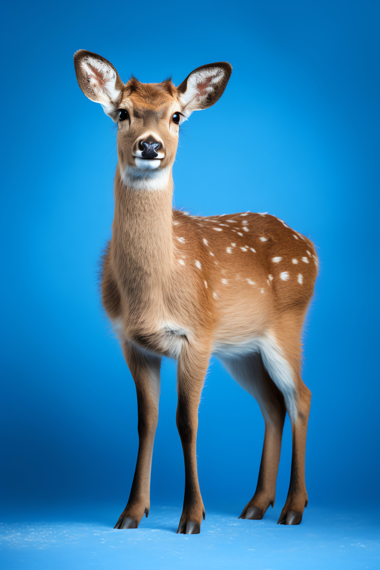 Subarctic reindeer, Golden brown fur, Young animal, Verdant gaze, Blue background fusion, HD Phone Wallpaper