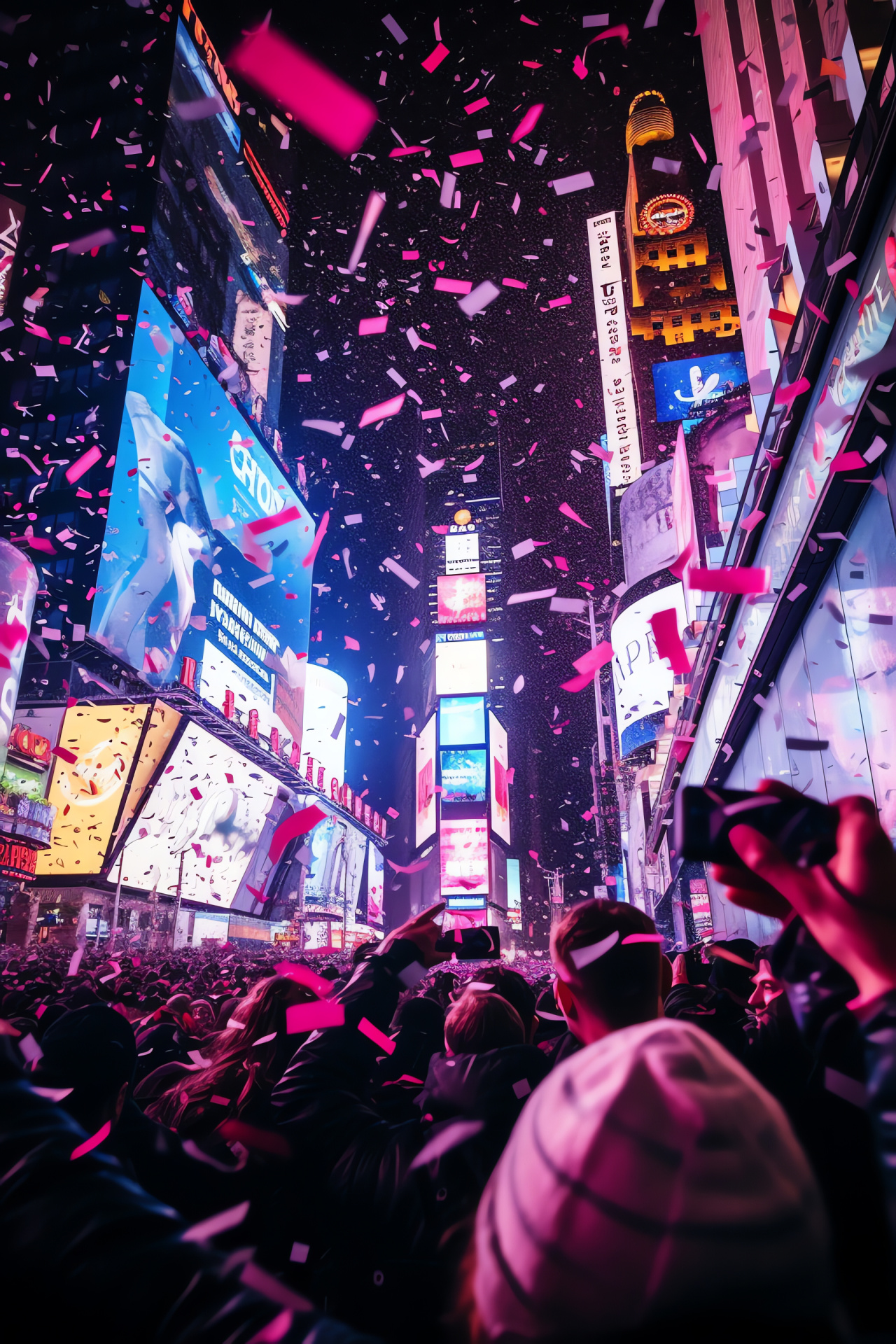 Times Square ball descending, New Year confetti burst, Skyward fireworks, Mass urban countdown, Celebratory Big Apple, HD Phone Image