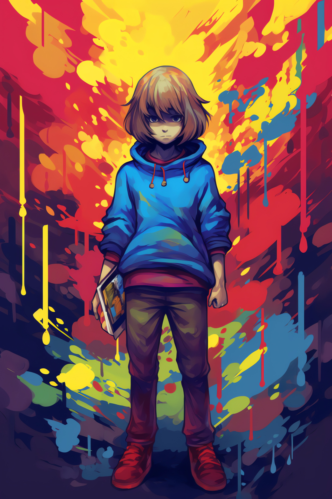 Undertale game Frisk, Dual-eyed hero, Fantasy genre engagement, Triadic hue background, PC game interface, HD Phone Image