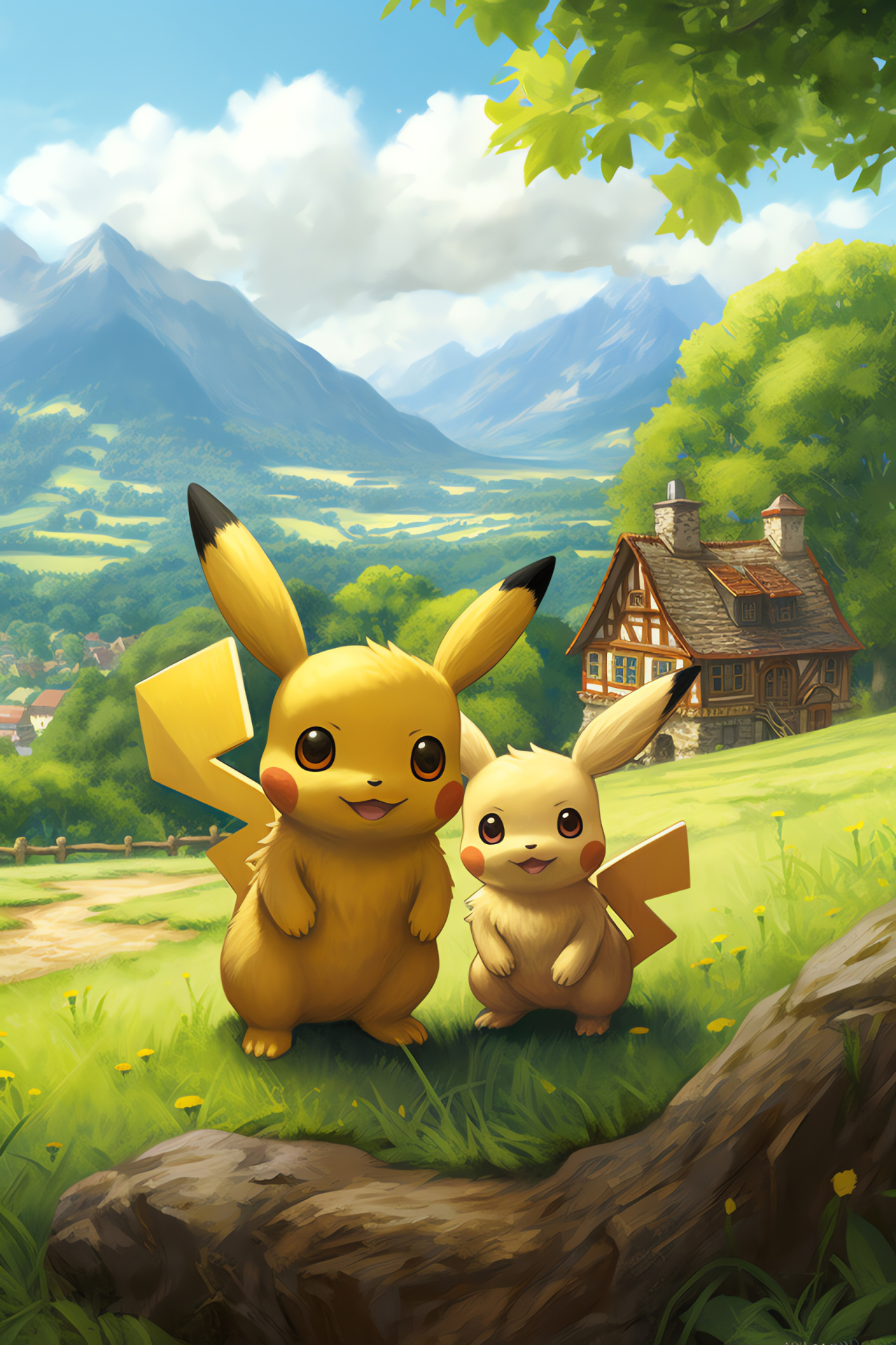 Mystery Dungeon exploration, Partner Pikachu design, Eevee companion, Serene Village depiction, Meadow landscape, HD Phone Image