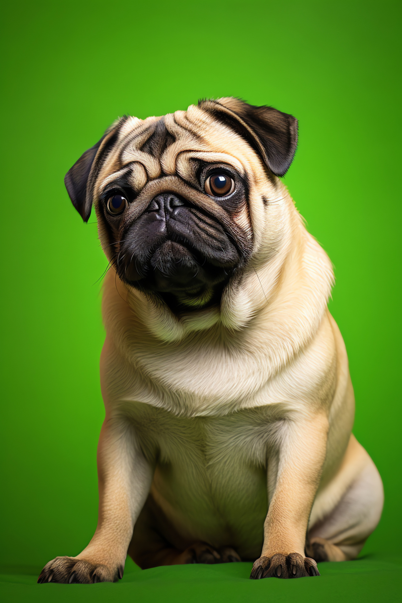 Pug Dog species, wrinkled expression, canine thoughtfulness, fawn color, greenery backdrop, HD Phone Wallpaper