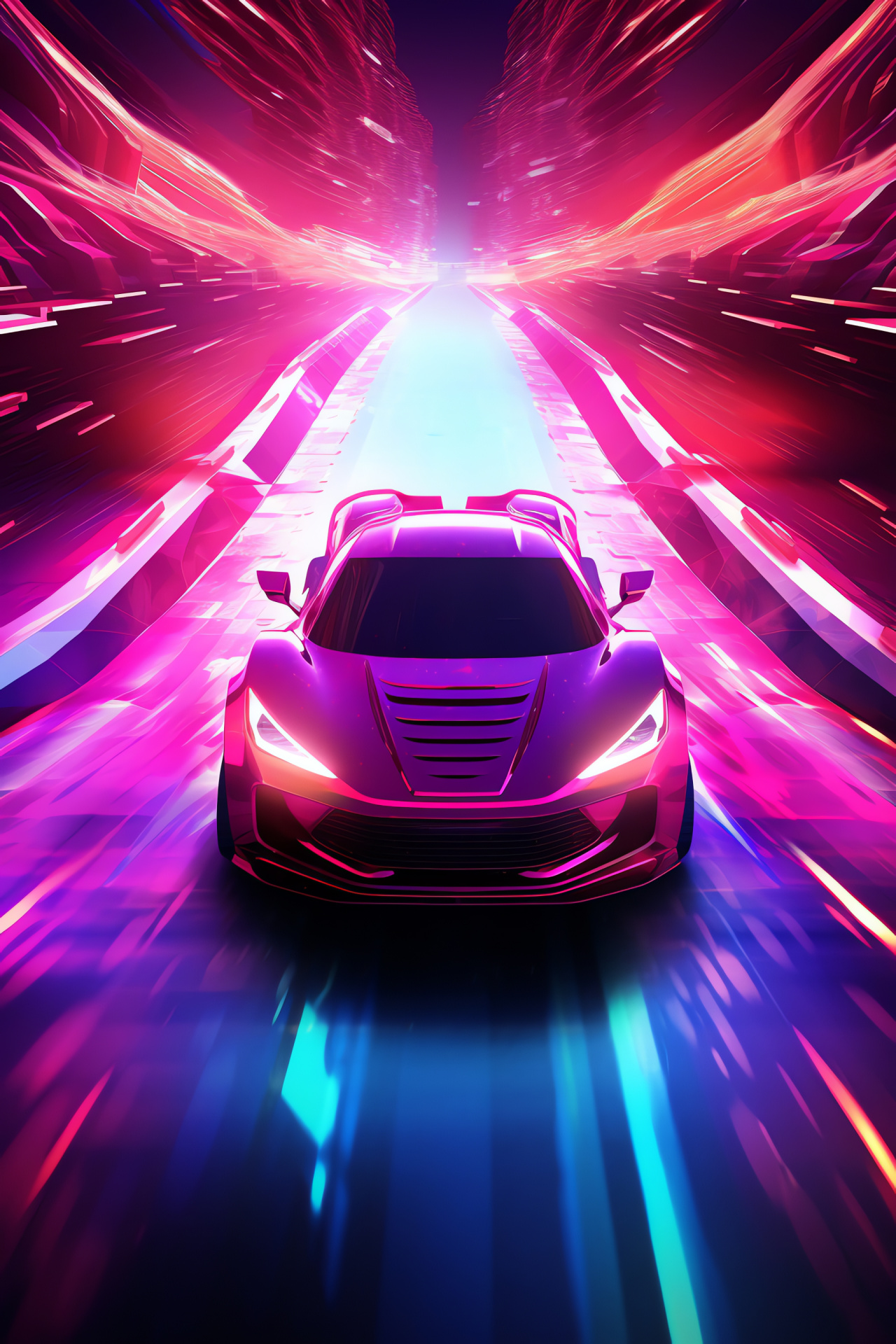 Neon Car, futuristic race track, holographic enhancements, aerial motorsports, cyber racing, HD Phone Wallpaper