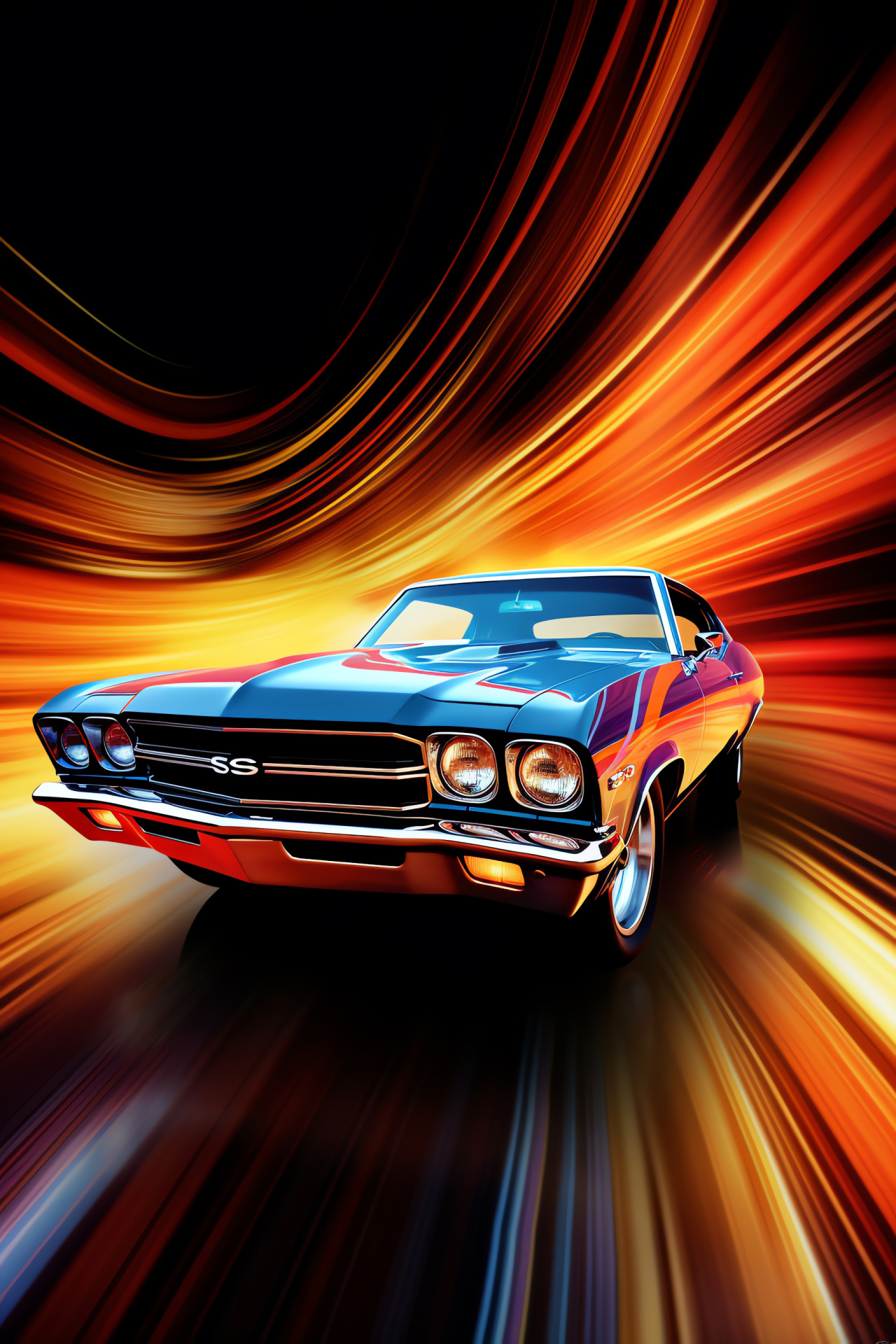 Classic car, Swirling illuminated lines, Automotive design, Retro style, Nighttime allure, HD Phone Wallpaper