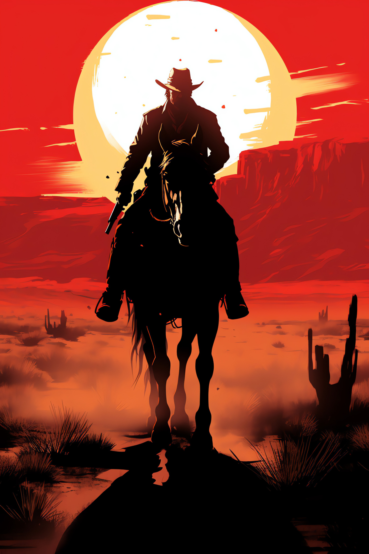 Red Dead Redemption setting, Old West cowboy, Desert scene, Sun over landscape, Cowboy in shadows, HD Phone Image