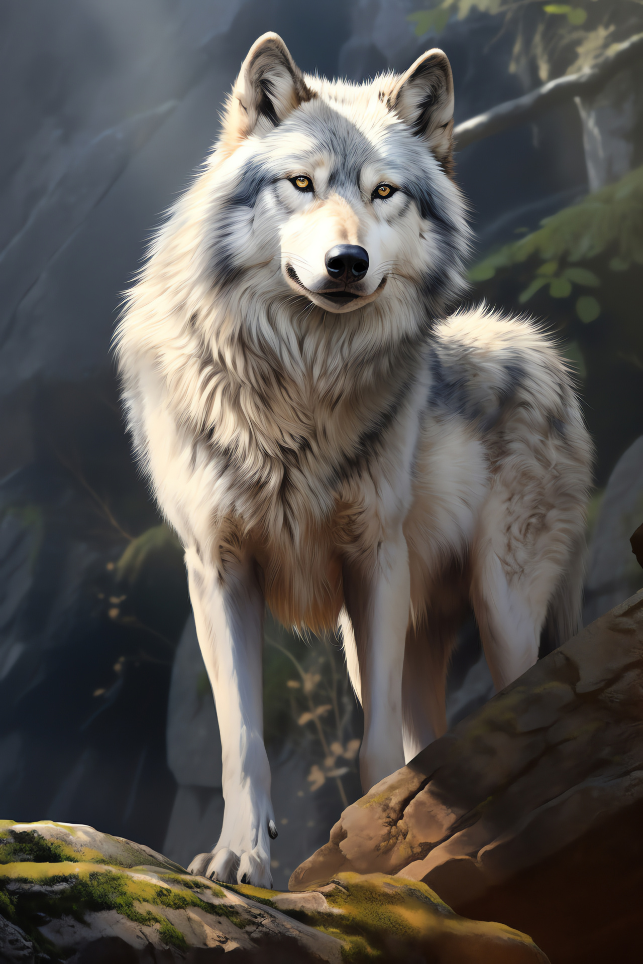 Timber Wolf in habitat, Amber-eyed Lobo, Dense forest environment, Rocky cliff presence, Wild canines, HD Phone Wallpaper