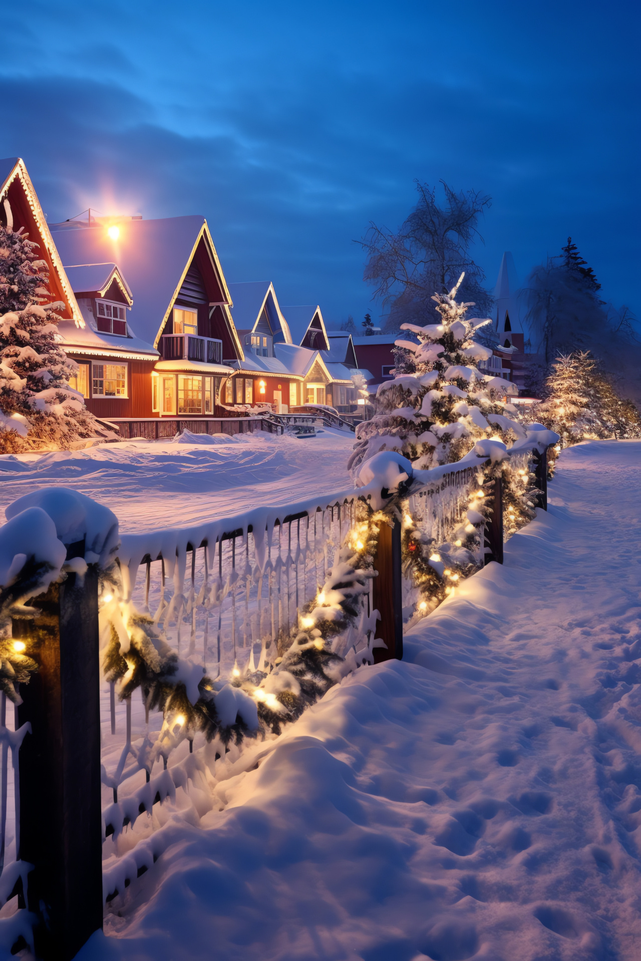 Festive winter event, Snow-clad village, Illuminated night, Seasonal joy, Adorning greenery, HD Phone Wallpaper