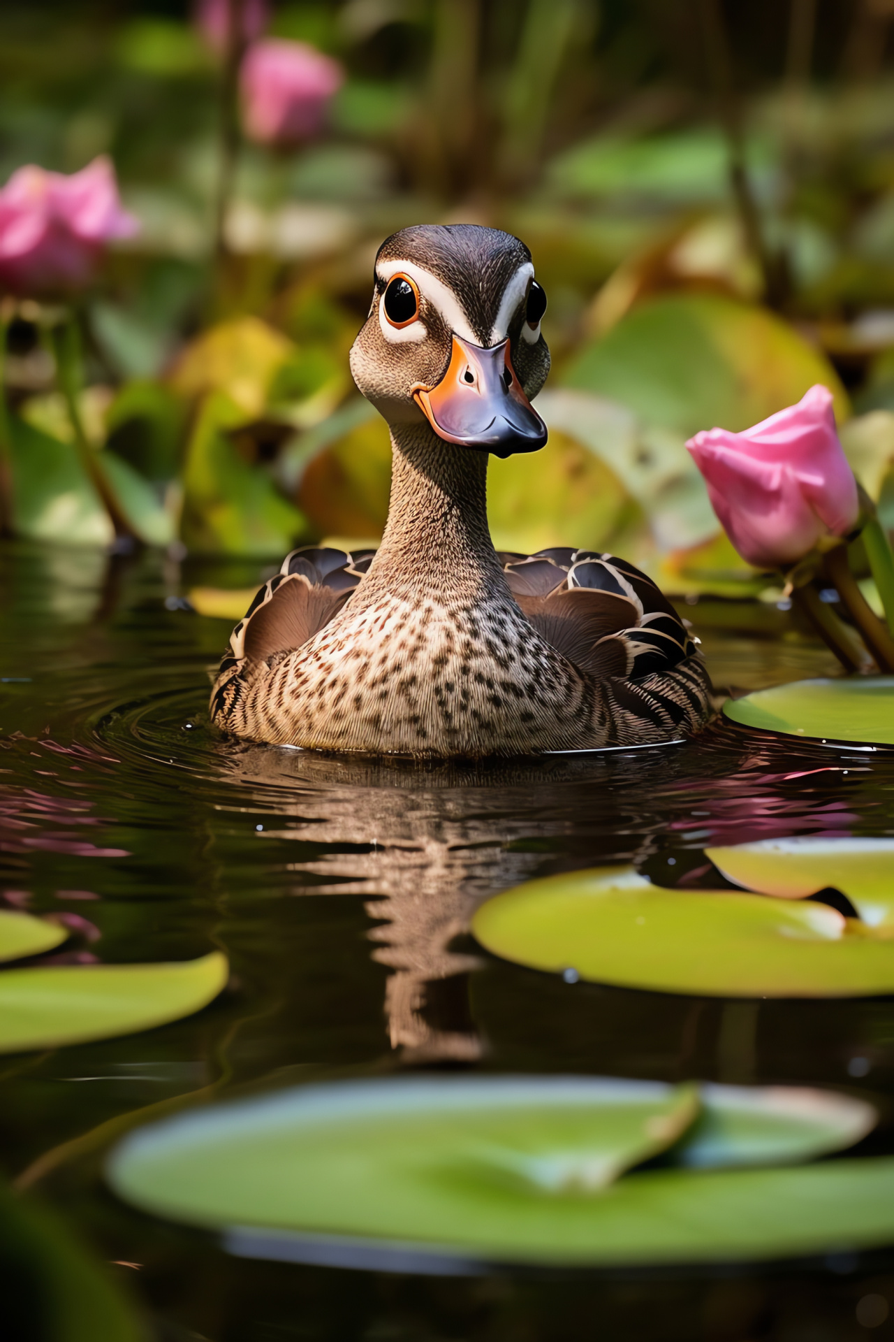 Female wood duck, Aix sponsa, Waterbird species, Duck conservation, Freshwater habitat, HD Phone Wallpaper