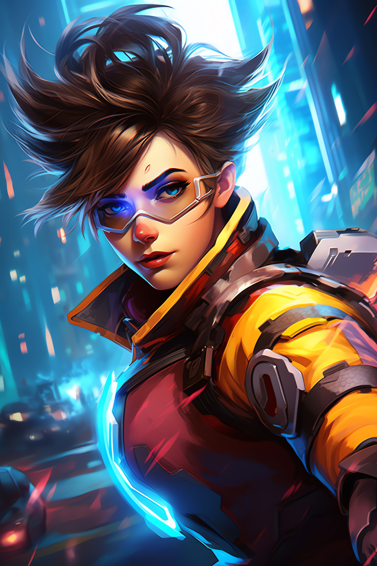 Tracer figure, Overwatch universe, Swift combatant, Metropolis skyline, Luminous trails, HD Phone Wallpaper