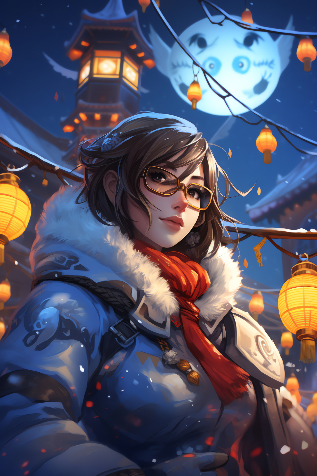 Overwatch Mei at Lijiang Tower, iconic map details, Chinese village atmosphere, festive environment, strategic location, HD Phone Image