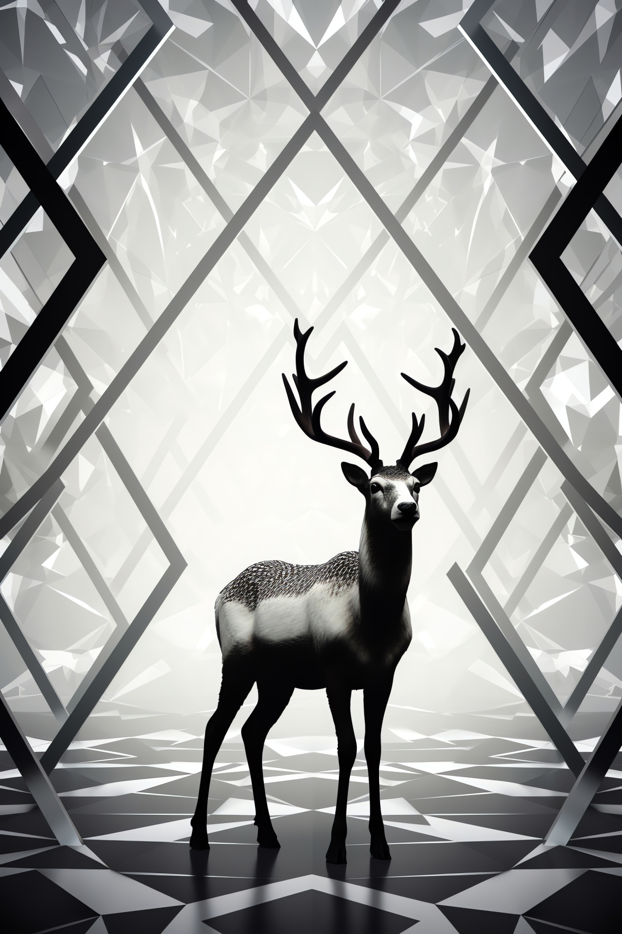 Reindeer silhouette, artistic backdrop with geometric motifs, neutral shades, crystalline gaze, alabaster coat, essence of agility, HD Phone Wallpaper