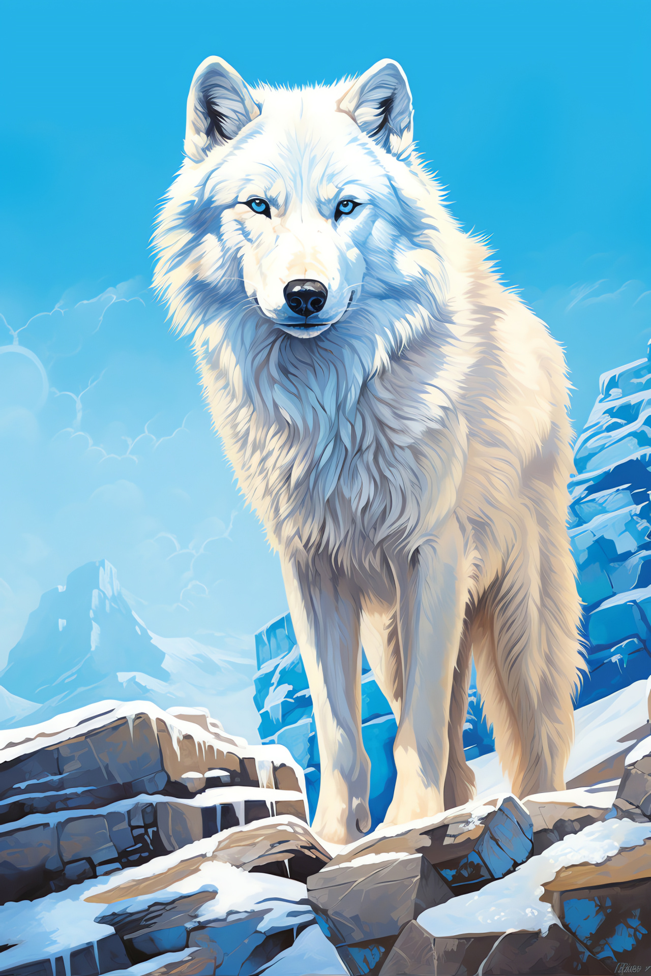 Tundra wolf, glacial eyes, cliffside predator, Arctic landscape, frosty expanse, HD Phone Image