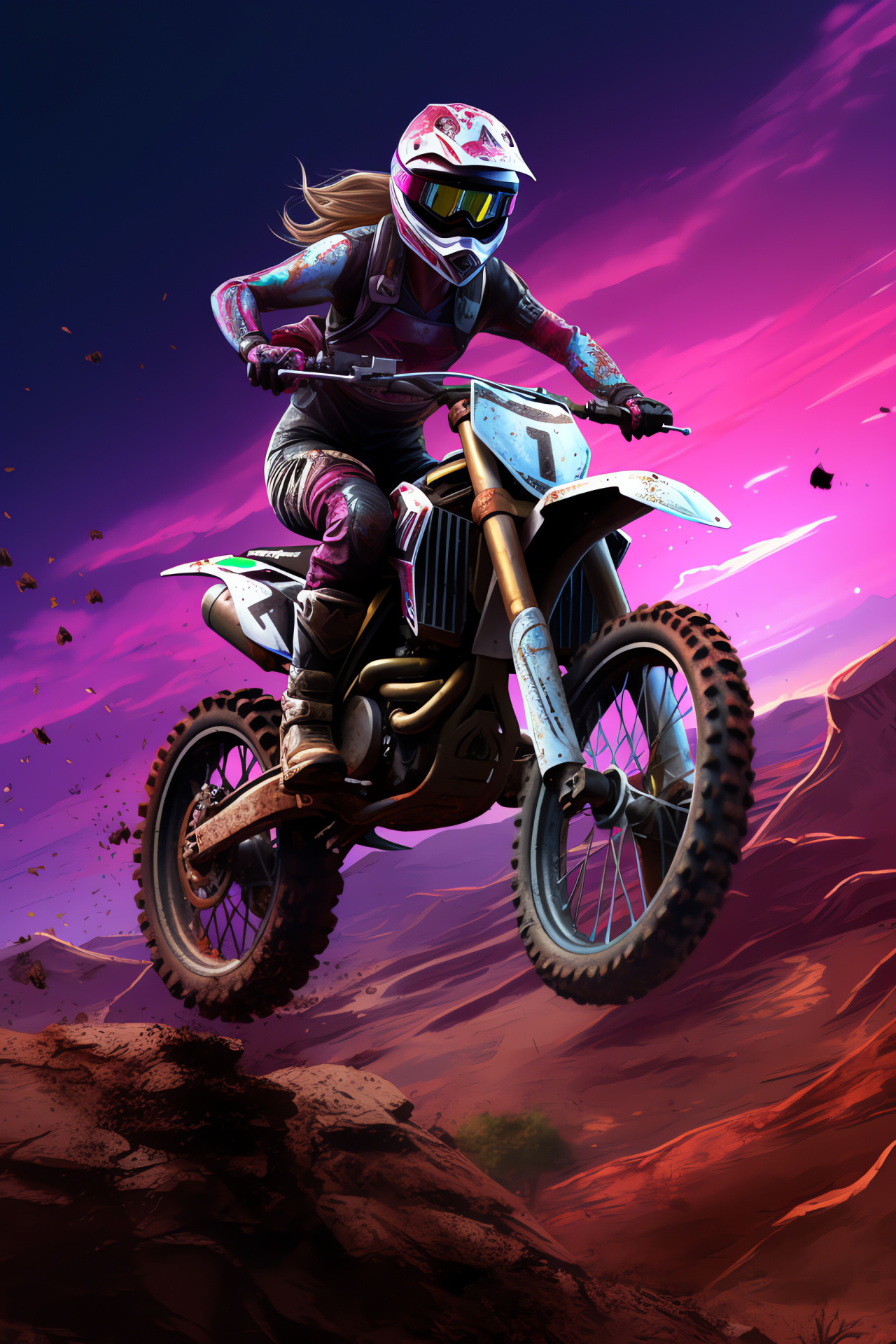 Moto cross girl, Victoria's stance, Honda CRF150R ride, Surreal terrain depiction, Aerial motorbike capture, HD Phone Image