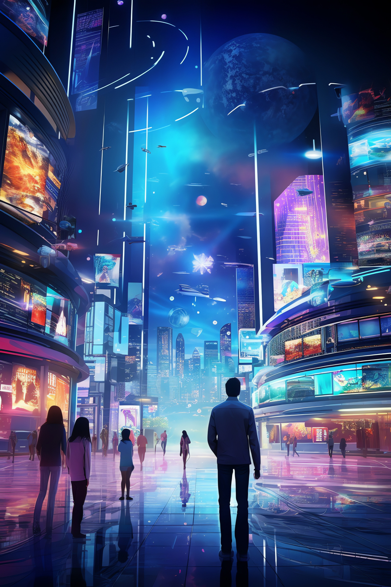 Future Urbanity Art, Holographic Ads, Neon Illumination, Urban Air Transit, Tomorrow's Skyline, HD Phone Wallpaper