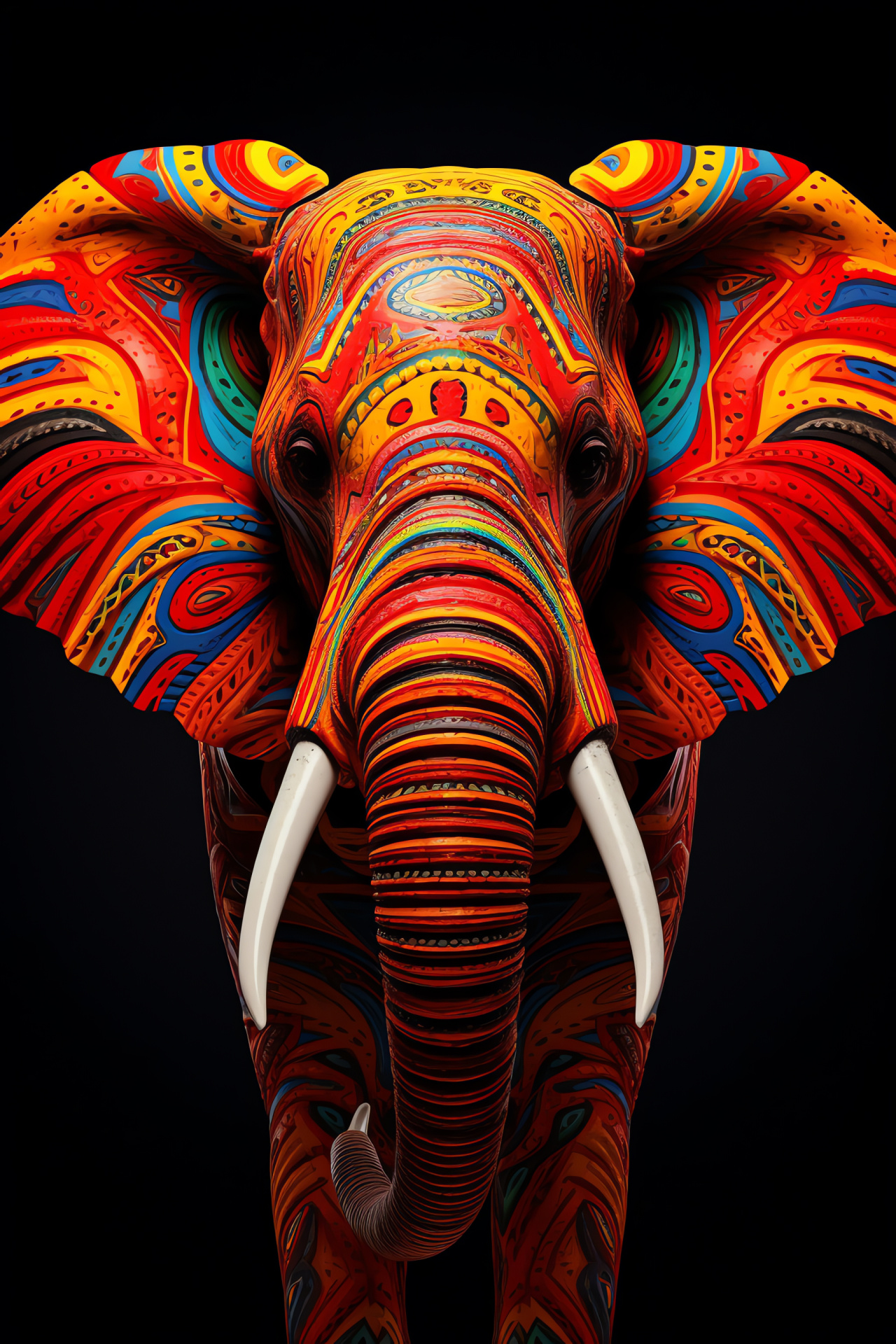 Tribal Elephant, Solid backdrop, Raised trunk, Vibrant patterns, Majestic creature, HD Phone Image