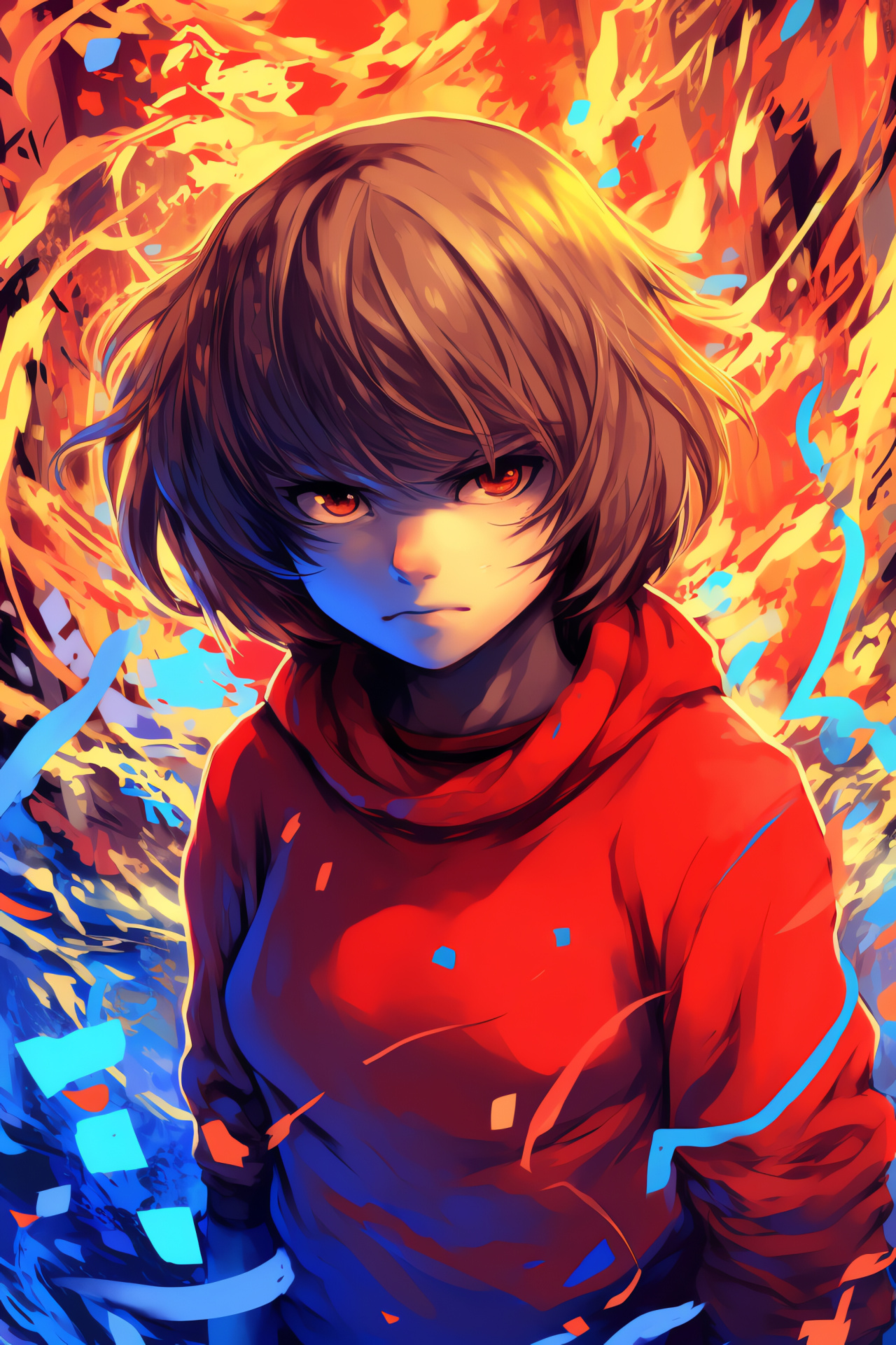 Undertale lead Frisk, Role-playing adventure, Expressive orange eyes, Character close-up, RPG elements, HD Phone Image