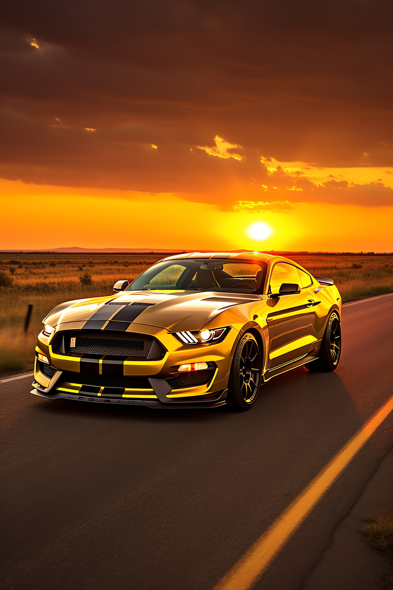 Ford Mustang GT350, Texas Roads, Sunset Journey, Lustrous Car Surface, American Power, HD Phone Image