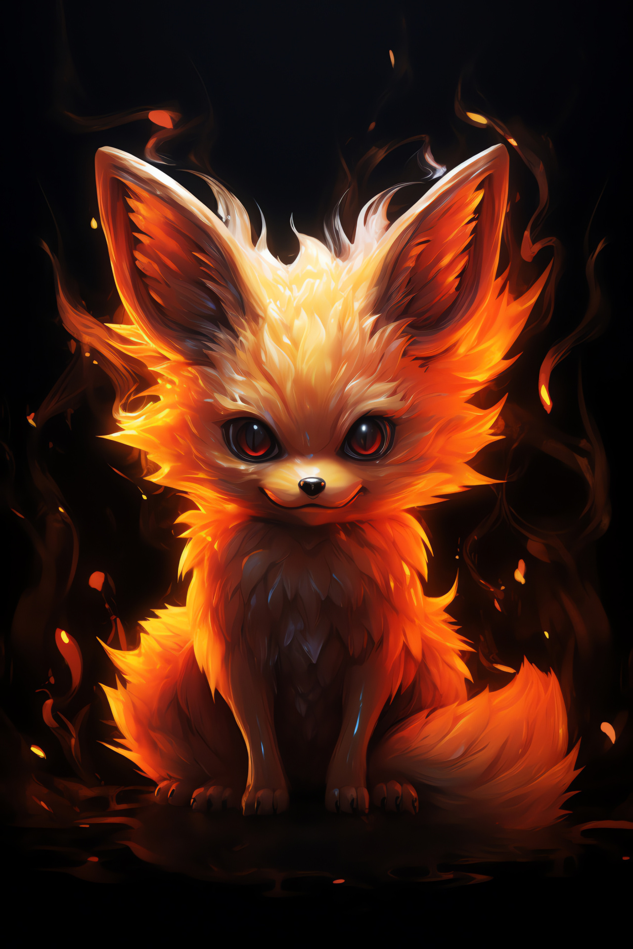 Flame Pokemon Fennekin, Element fire, Gleaming caramel eyes, Pyre-like pelt, Contrast of darkness, HD Phone Image