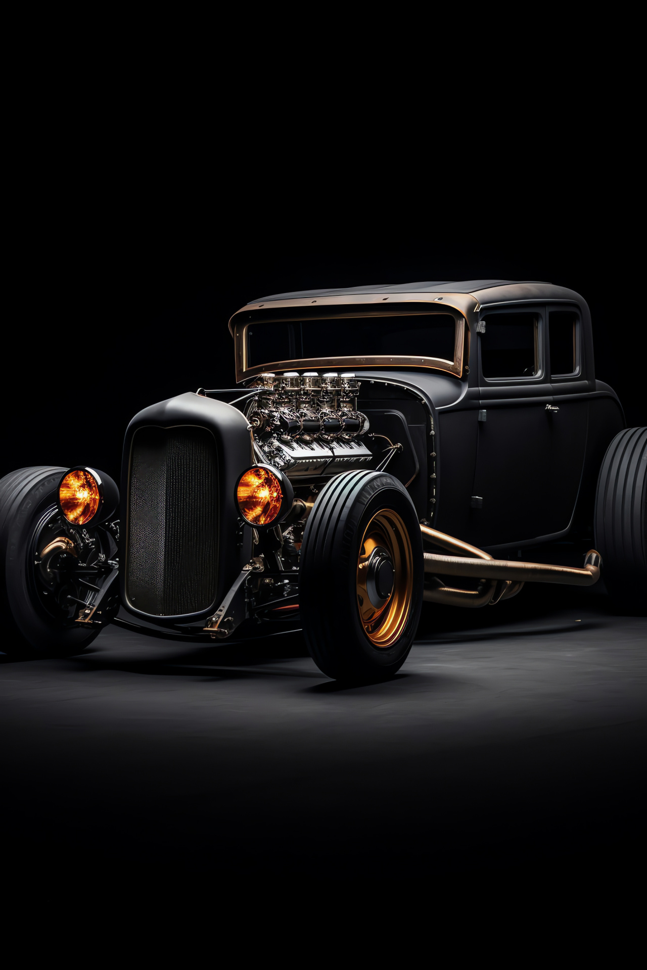 Custom Rat Rod car, Midnight Madness edition, elevated angle, black glossy finish, stripped back style, HD Phone Image