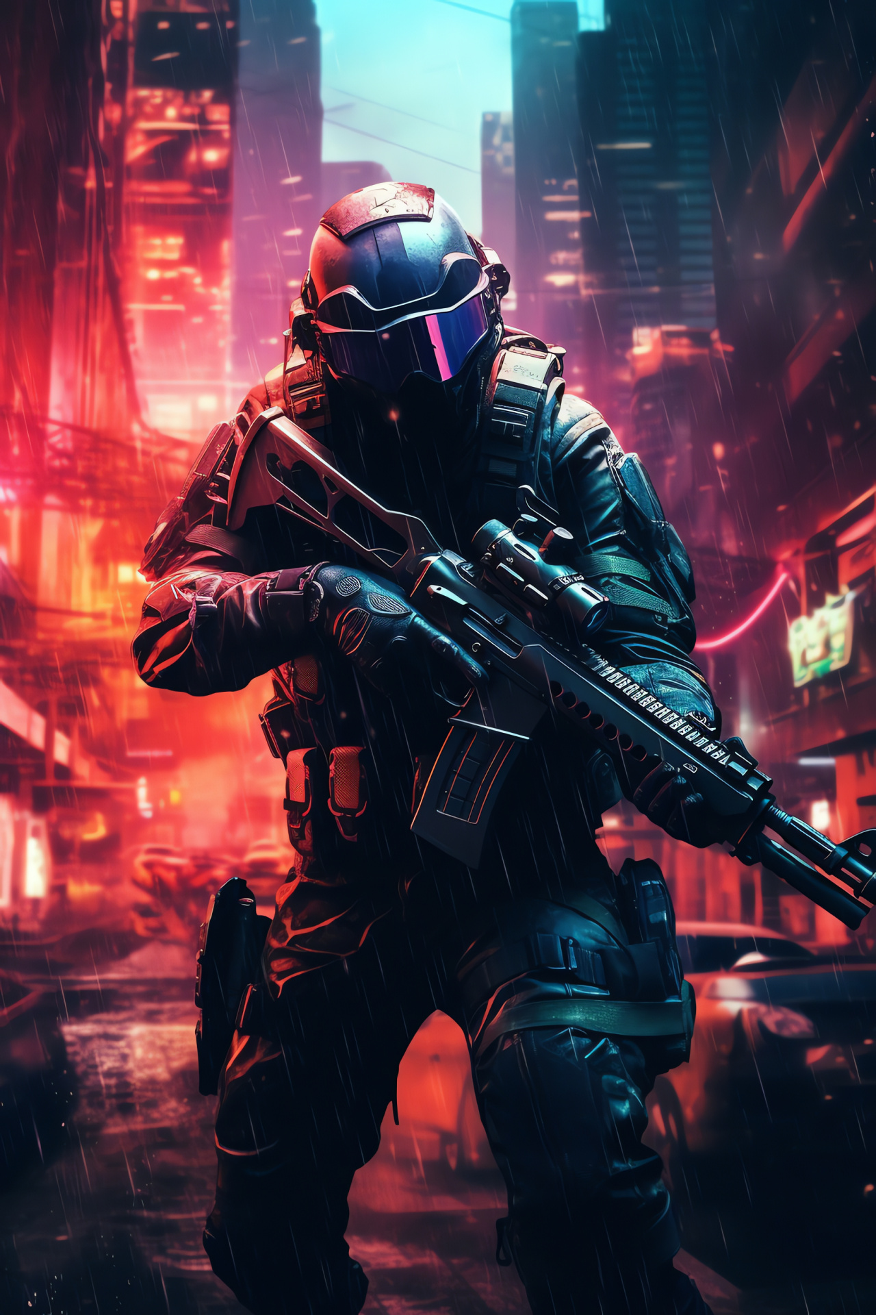 Military shooter game, Soldier with gear, Rainy gaming environment, Urban warfare setting, Tactical gaming action, HD Phone Image