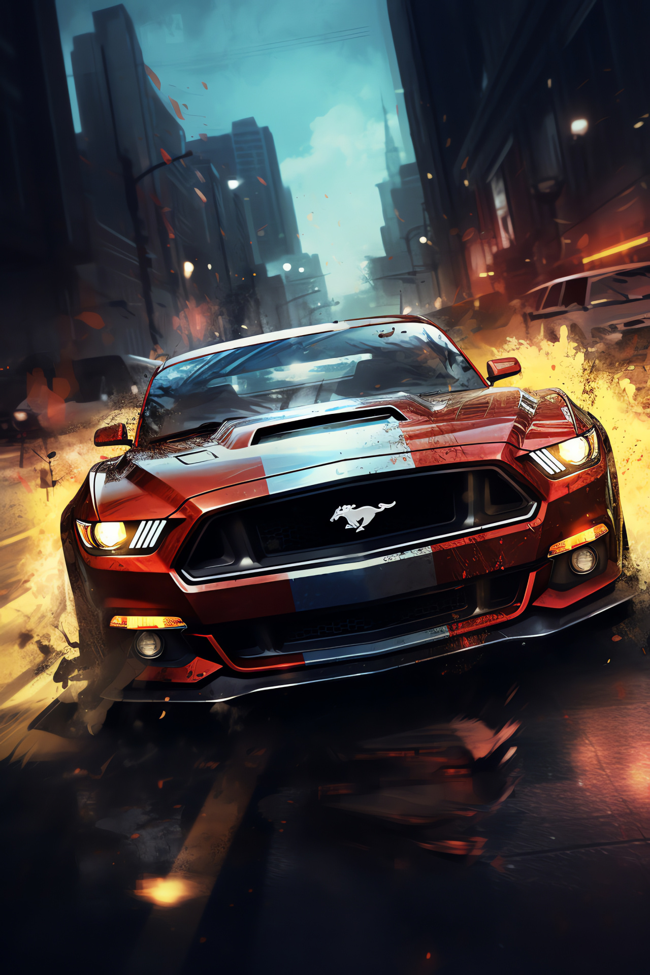 Video game racing, Rockport cityscape, Muscle car Mustang, Pursuit adrenaline, Street race, HD Phone Wallpaper