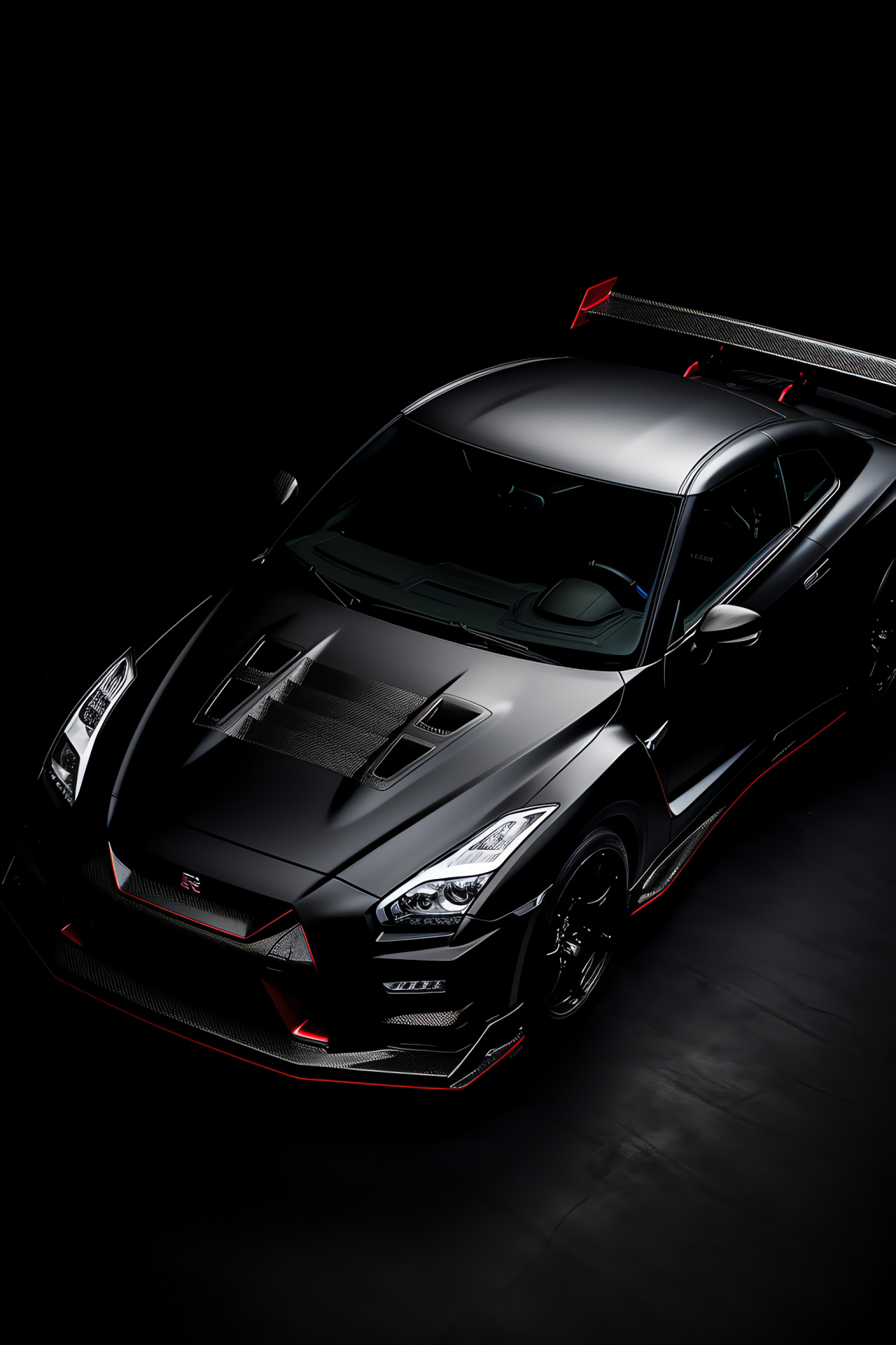 GT-R NISMO GT3 essence, Nismo racing spirit, High-angle perspective, Track-focused supercar, Black backdrop sophistication, HD Phone Image