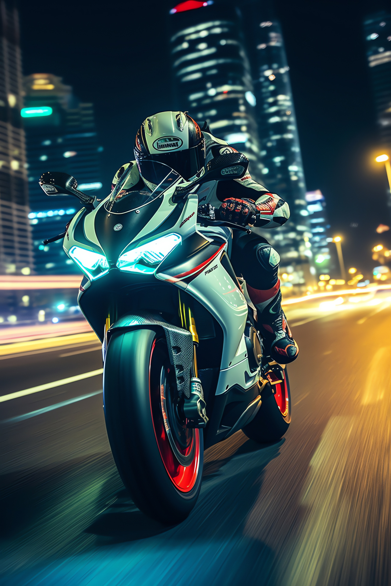 Ducati 1299 Panigale, Dubai night, Urban technology, Motorcycle art, High-rise backdrop, HD Phone Wallpaper