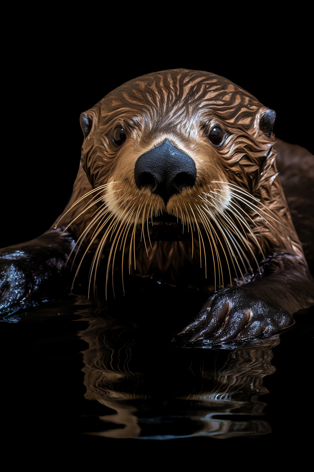 Aquatic Sea Otter, Floating Marine Animal, Dark Pelage, Lustrous Mammal Eyes, Water Surface Background, HD Phone Image