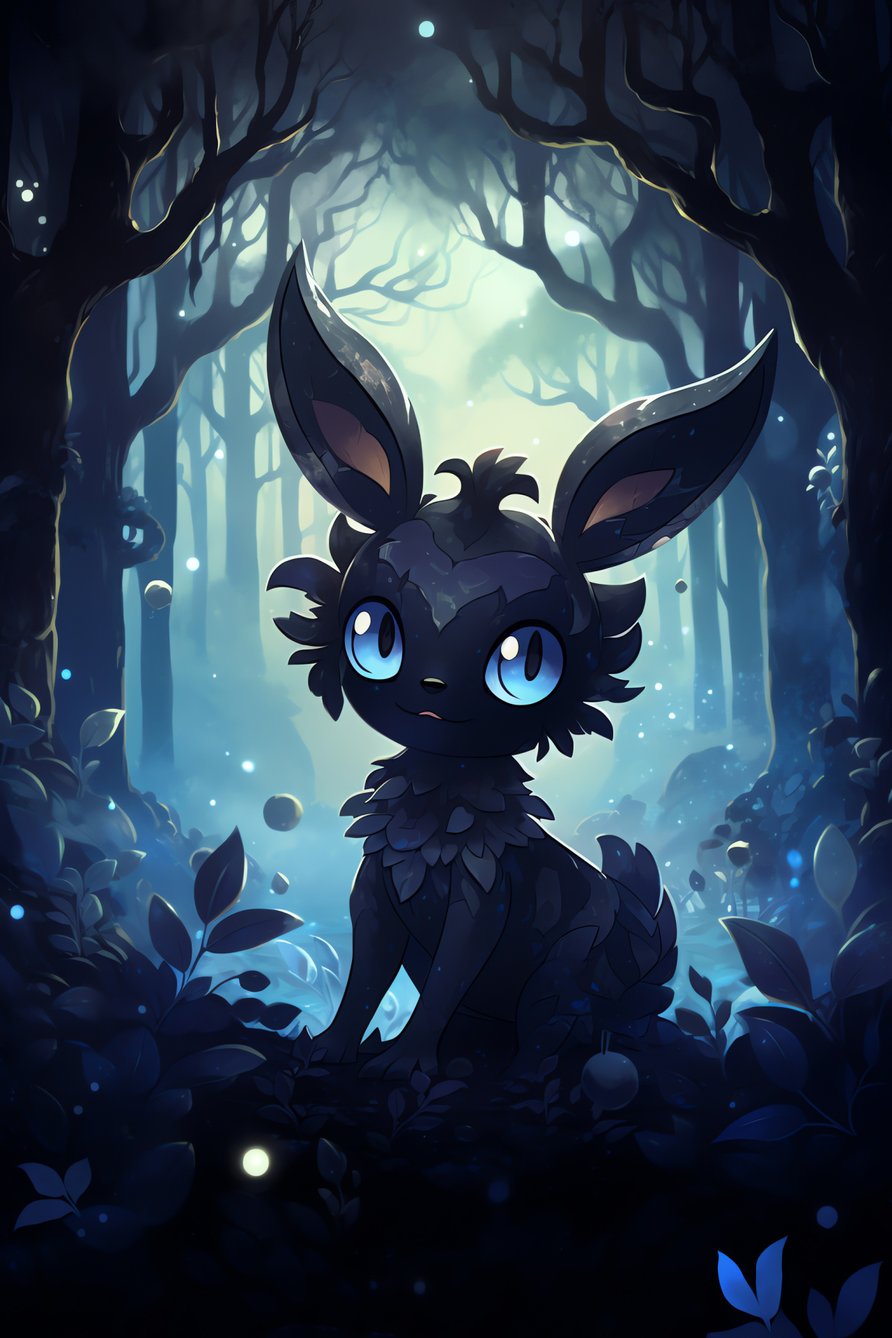 Nocturnal Shiny Umbreon, Forest habitat artwork, Lush environment, Moonlight effect, Wild Pokemon, HD Phone Image