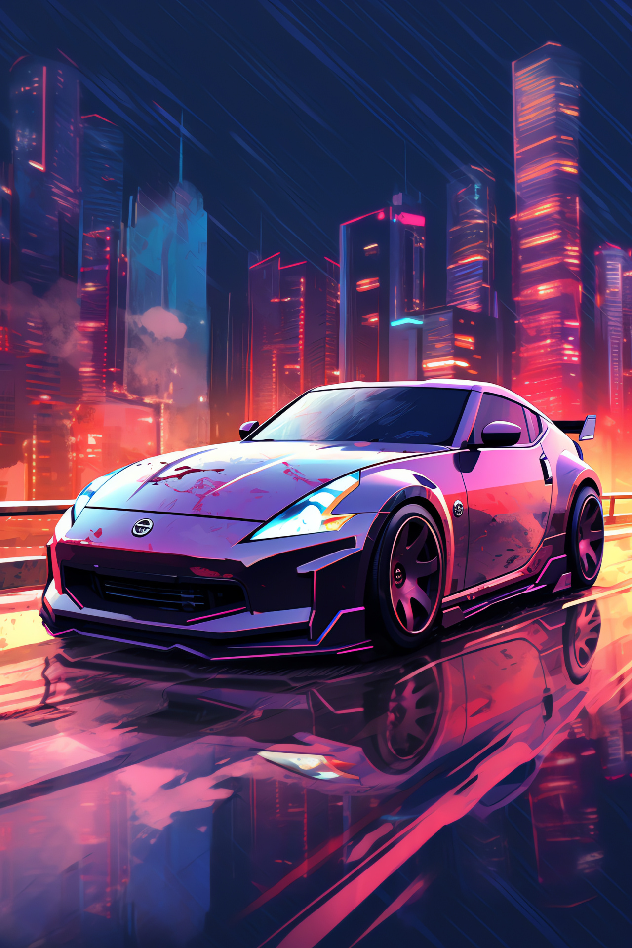 Nissan 370Z, Cyberpunk aesthetic, City lights reflection, Modern sports coupe, Artistic automotive photography, HD Phone Wallpaper