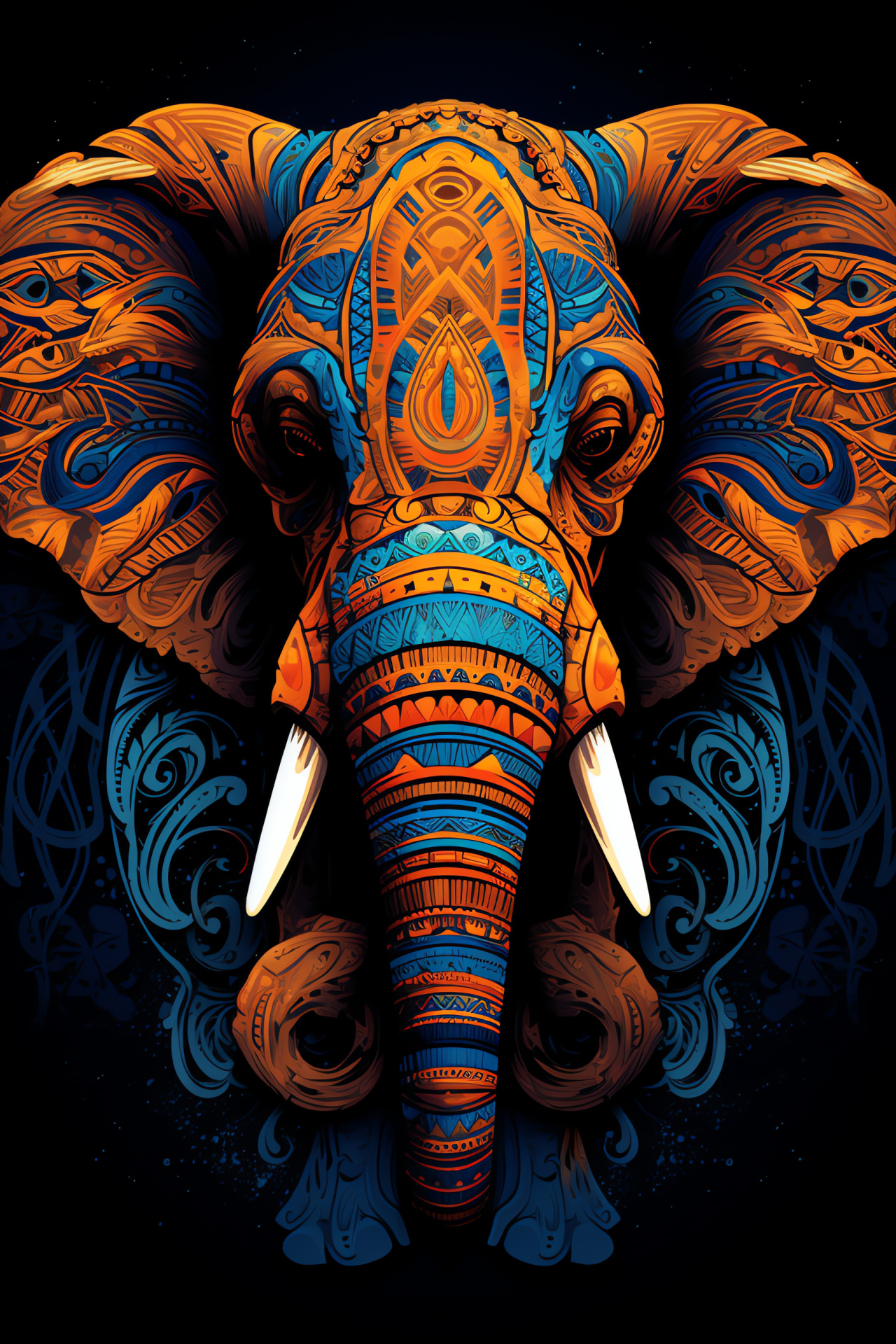 Tribal Elephant design, Unique blue eyes, Tusked mammal, Artistic body patterns, Giant wildlife, HD Phone Image