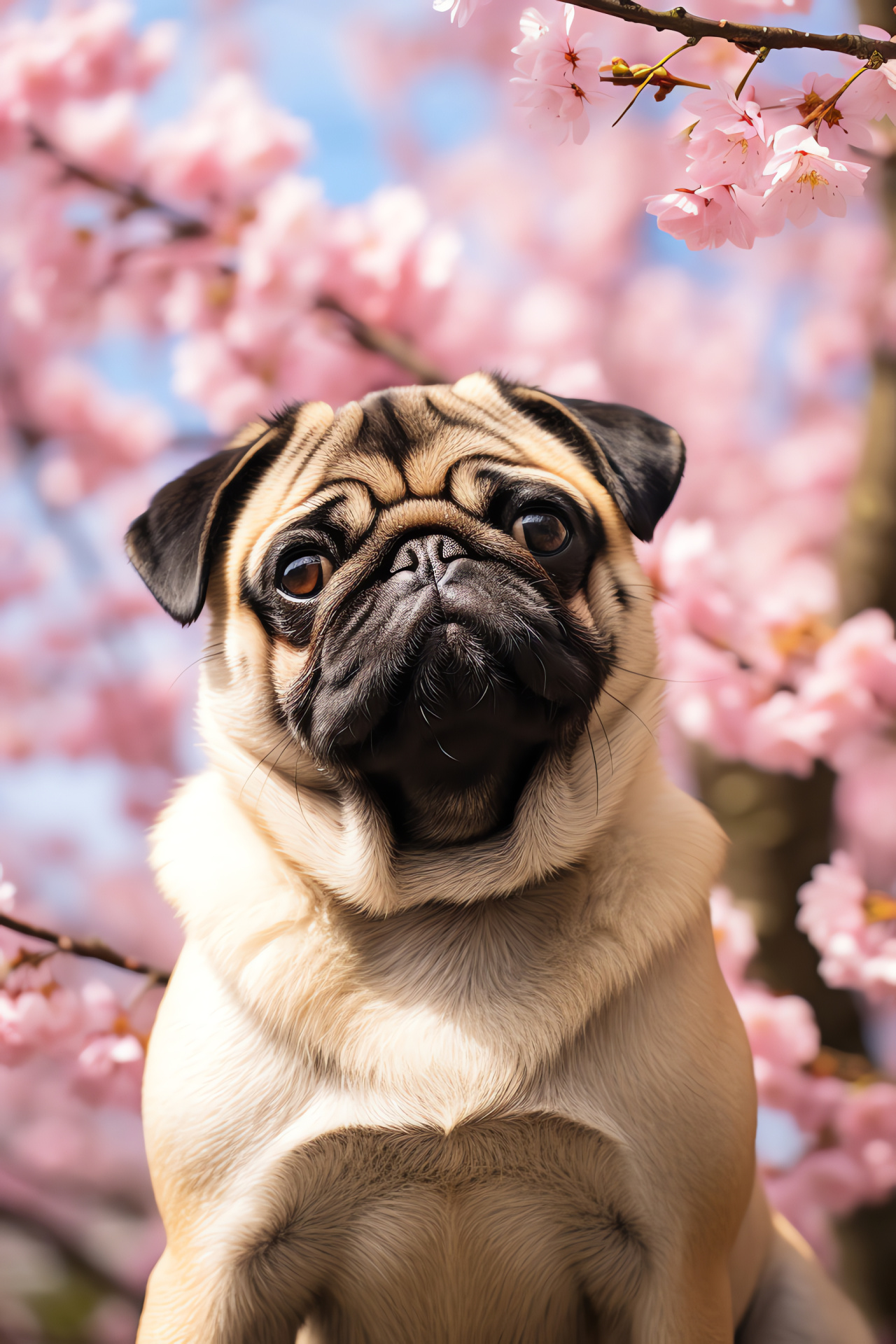 Pug breed, pondering canine look, deep chestnut hair, soft canine texture, serene garden environment, HD Phone Image