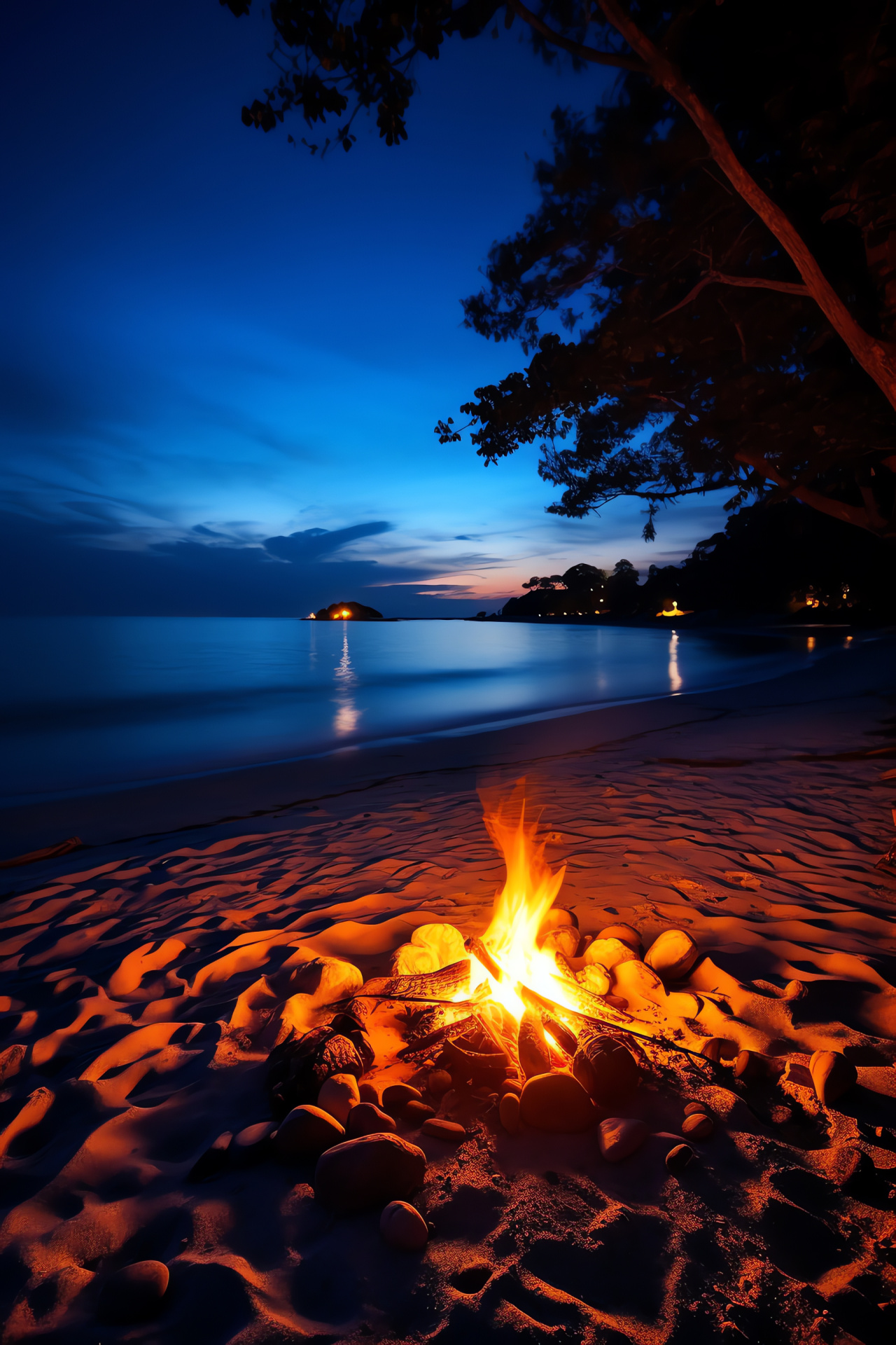 Nighttime shore relaxation, Seashore firelight, Evening marine ambiance, Coastal leisure, Midnight beach scene, HD Phone Image