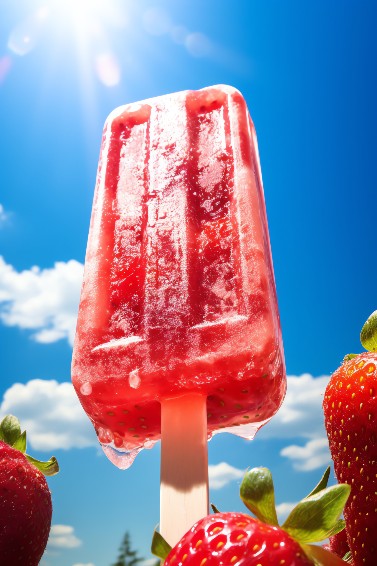 Chilled fruit dessert, Strawberry-flavored popsicle, Summer refreshment, Sky backdrop, Fruit-filled treat, HD Phone Image