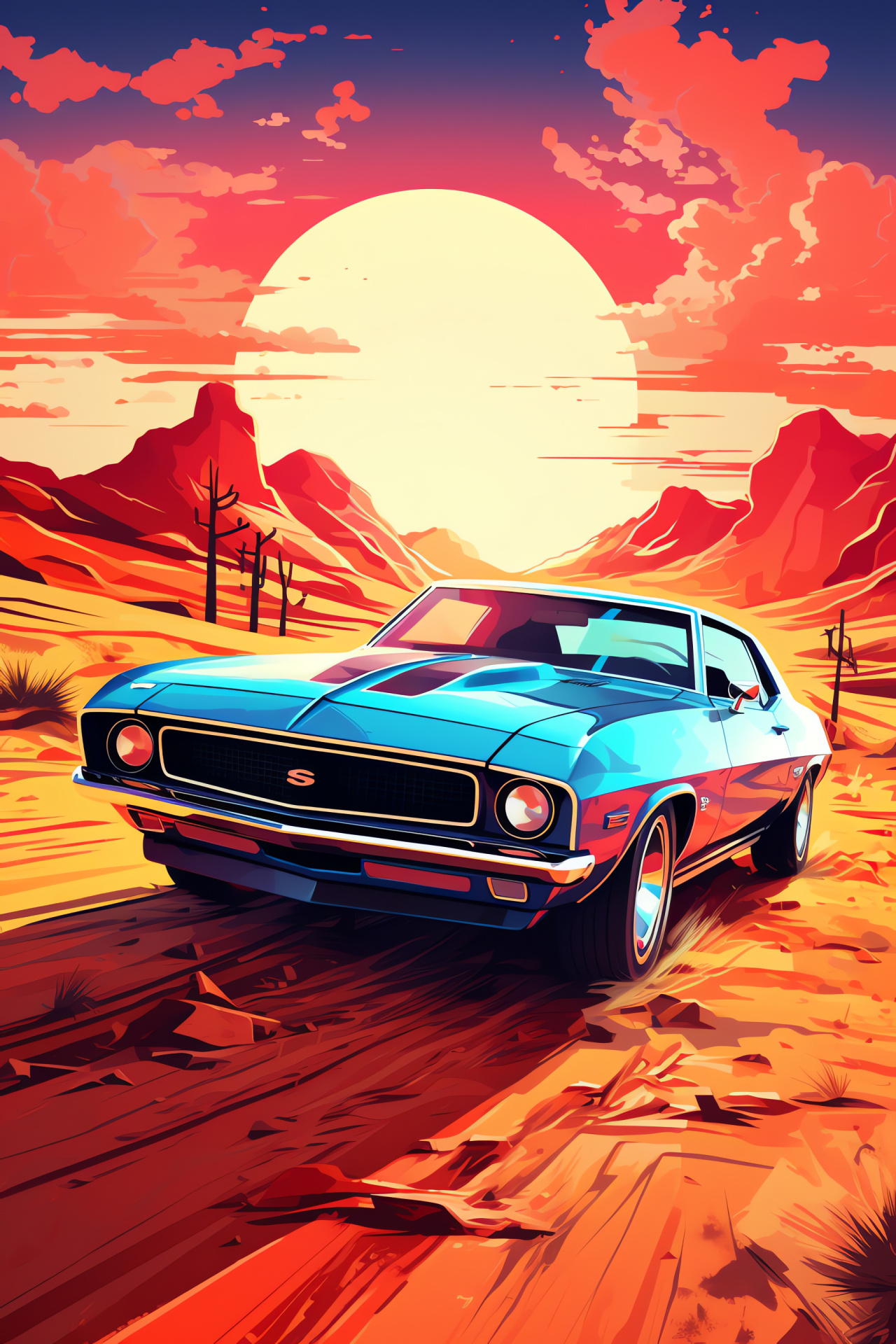 Desert muscle car, Arid landscape expanse, Sunlit barren scenery, Car tire imprint, Natural contrast, HD Phone Wallpaper