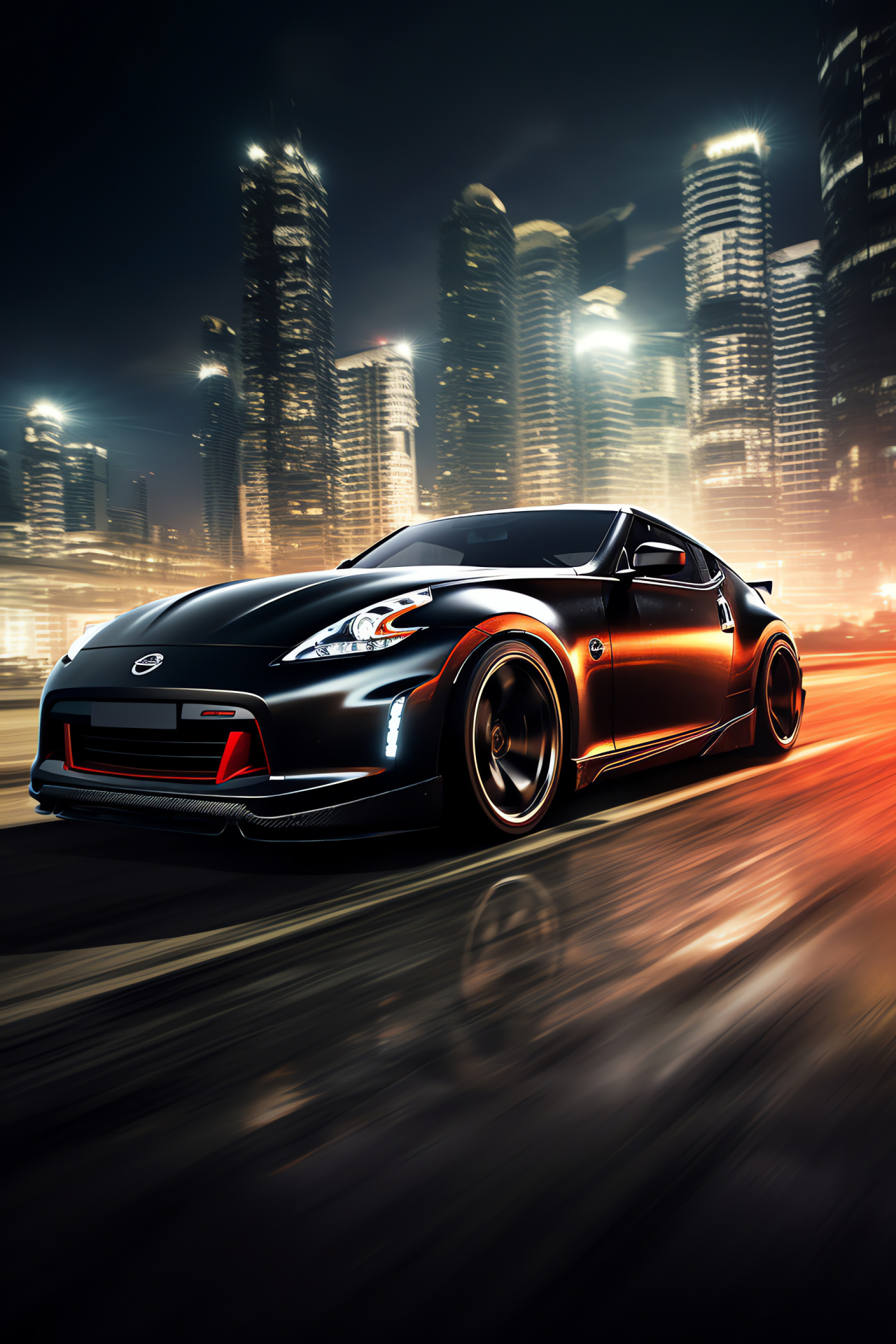 Nissan 370Z, Arabian cityscape, Controlled skid, Building silhouettes, Sports car agility, HD Phone Image