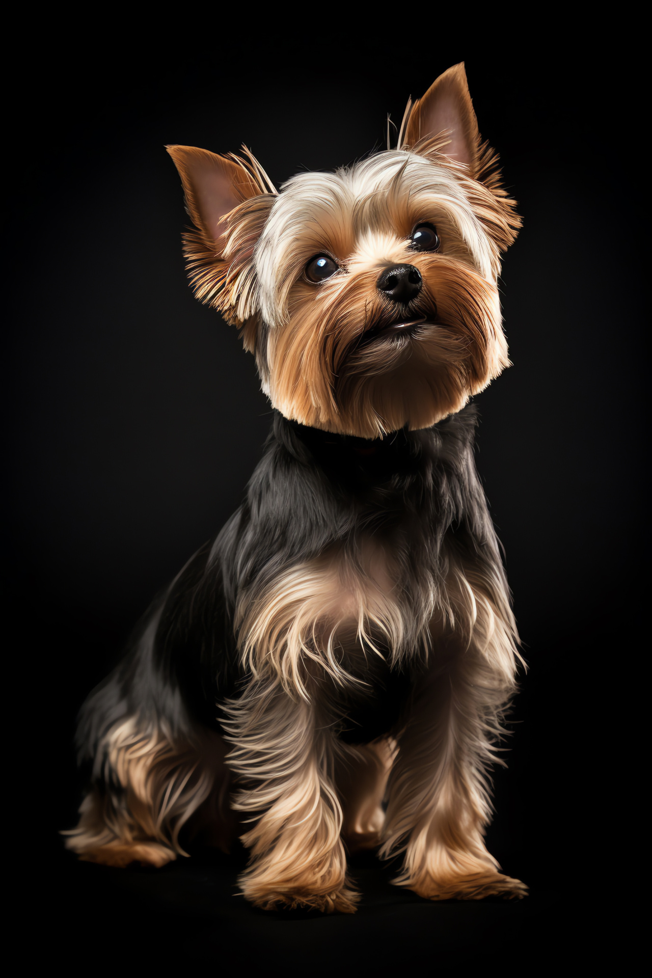 Yorkshire Terrier portrait, Shiny brown orbs, Sleek monochrome background, Glossy miniature dog, Neat fur texture, HD Phone Image