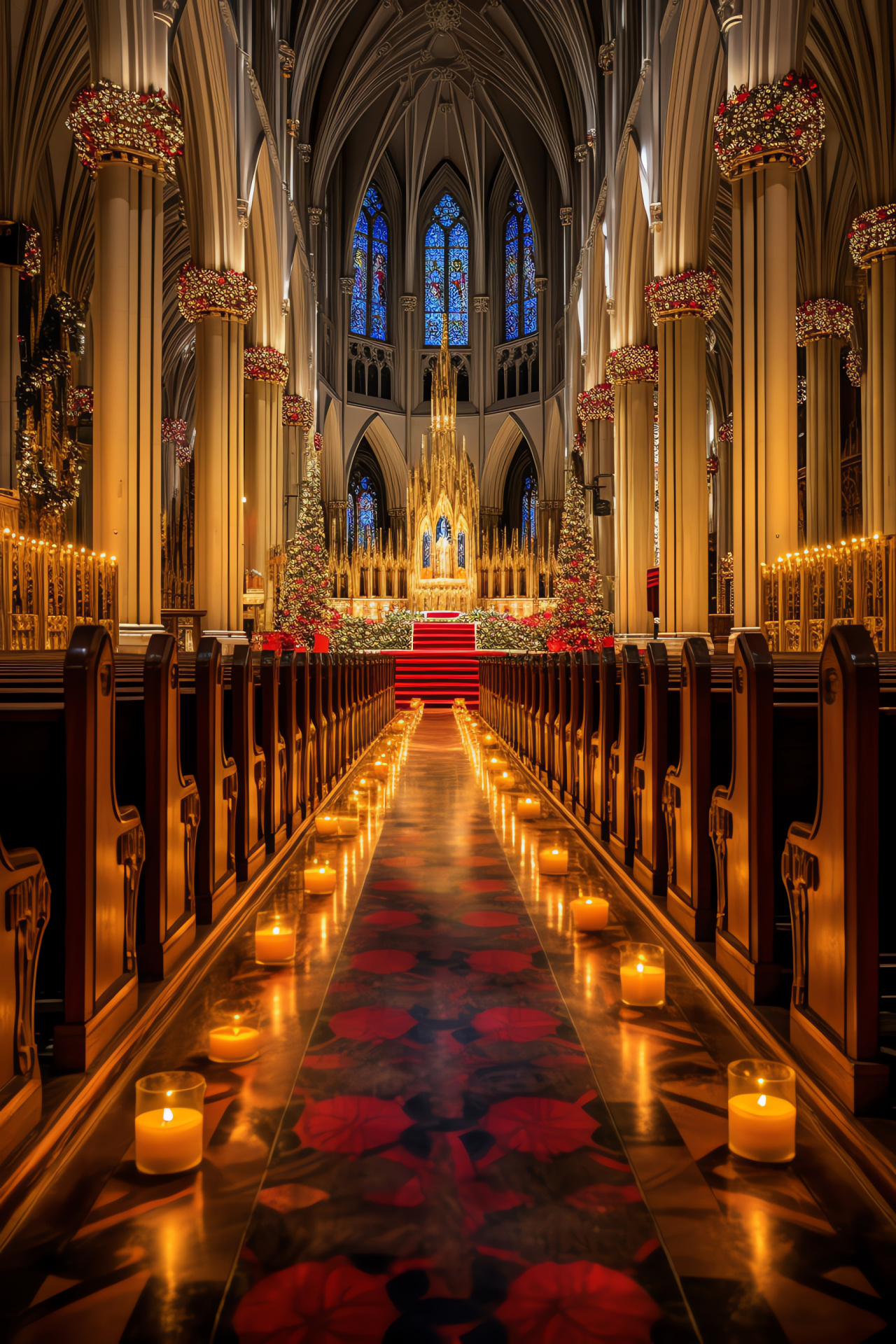 Midnight Christmas service, sacred worship space, tranquil candle glow, religious stained-glass art, mass observance, HD Phone Wallpaper