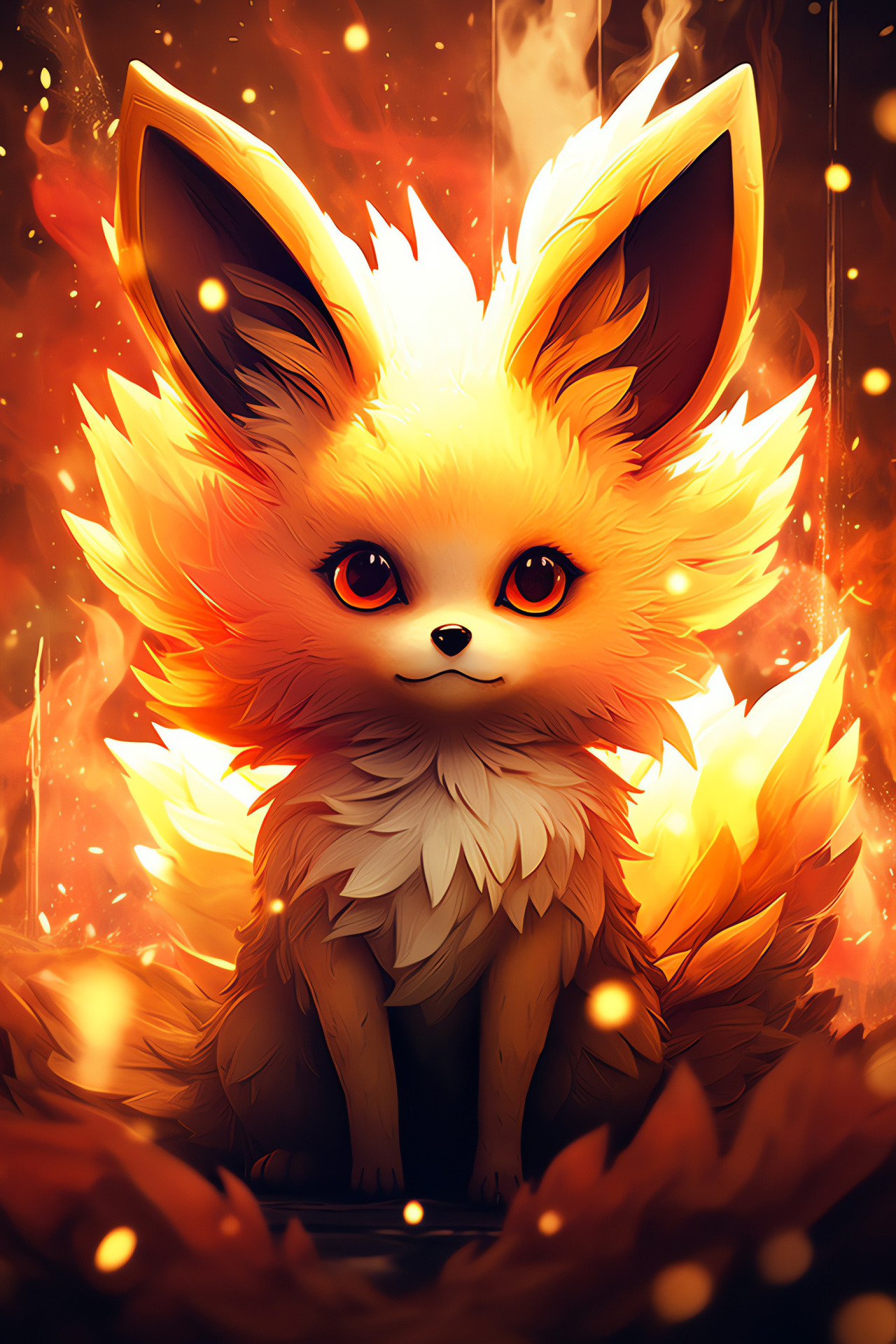 Fennekin illustration, charcoal noir background, crimson touches, animated fauna, gaming character, HD Phone Wallpaper